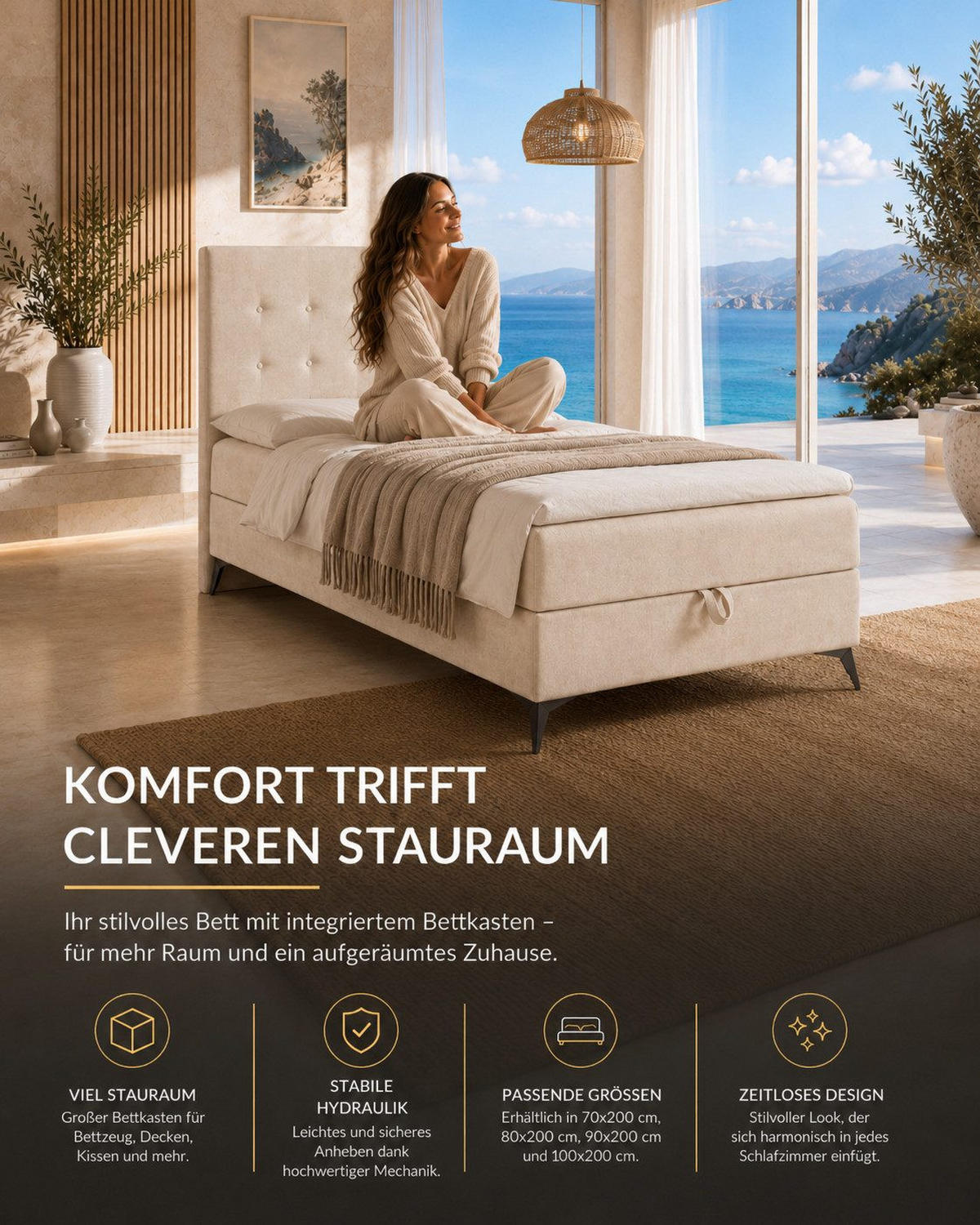 BOXBETT K15 Single SLIM mit Bettkasten & Bonell-Federkern inkl. Topper - Beige, Holz/Textil (200/90cm) - Best For Home
