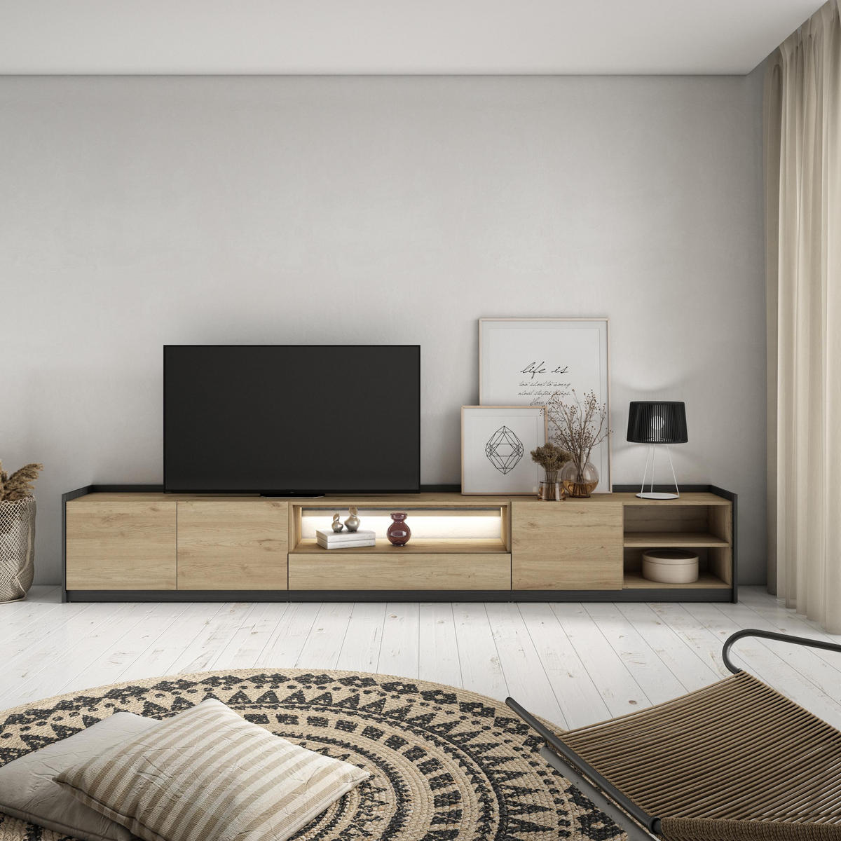 LOWBOARD, Eiche und Schwarz, 310/37/50cm, mit Led - Eichefarben, Holzwerkstoff (310/50/37cm) - Skraut Home