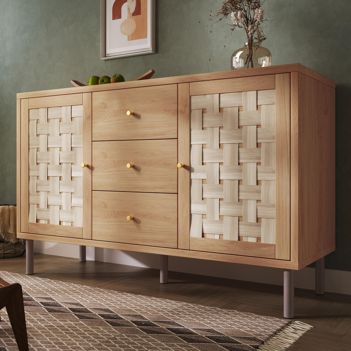 SIDEBOARD in Naturfarben Kommode mit 2 Türen, 3 Schubladen, Metallbeinen & verstellbaren Böden,B120/T40/H75cm - Naturfarben/Weiß, Holzwerkstoff/Metall (120/70/40cm) - STILVORA
