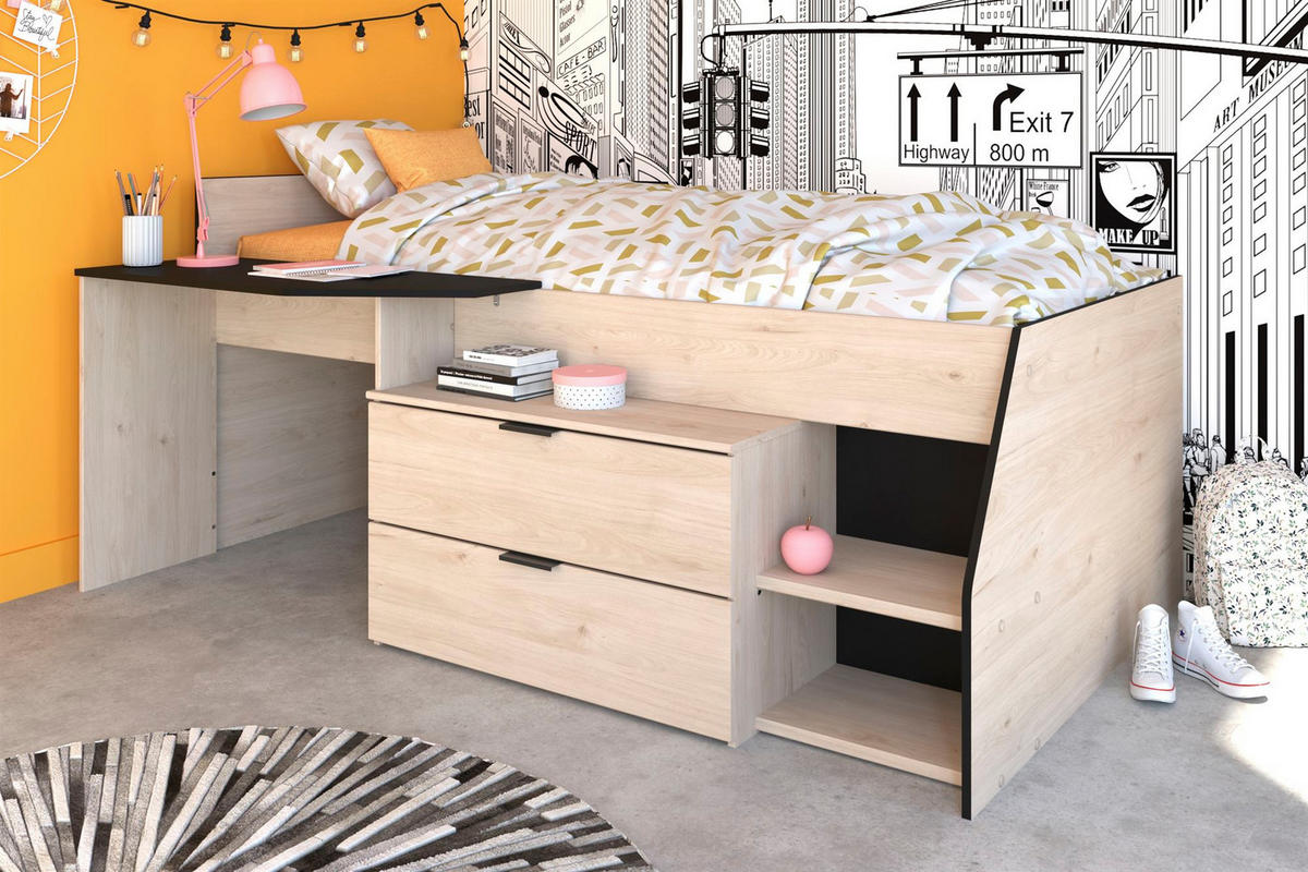 HOCHBETT Parisot Milky 90x200 Holznachbildung Weiß/Japanische Eiche - Eichefarben/Schwarz, Kunststoff (90/200cm) - 58aufmkessel