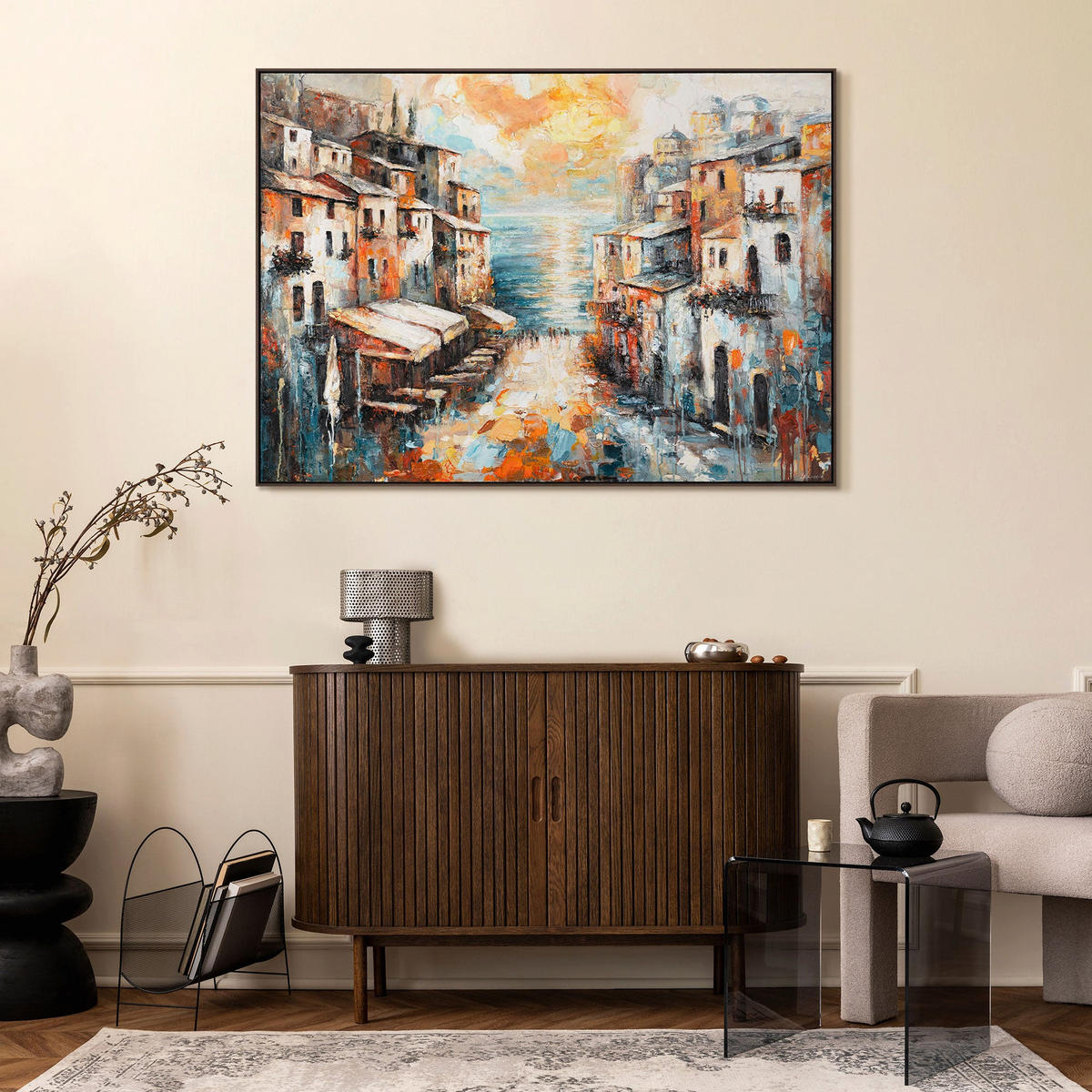 GEMÄLDE Stadt am Meer Schattenfugenrahmen Grau 140x100 cm - Grau, Holz (140/100cm) - YS-art gallery