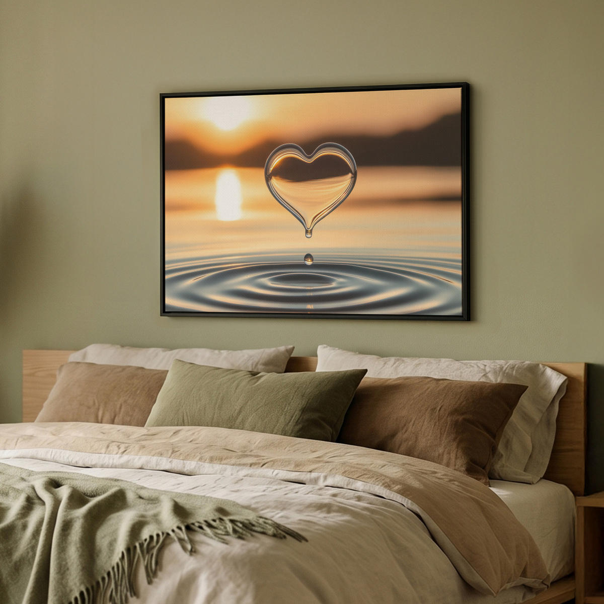 LEINWAND Bilder mit Rahmen - Herz - Wasser - Sonnenuntergang - Natur - Zen - 70x50 - Bernsteinfarben, Textil (70/50cm) - MuchoWow