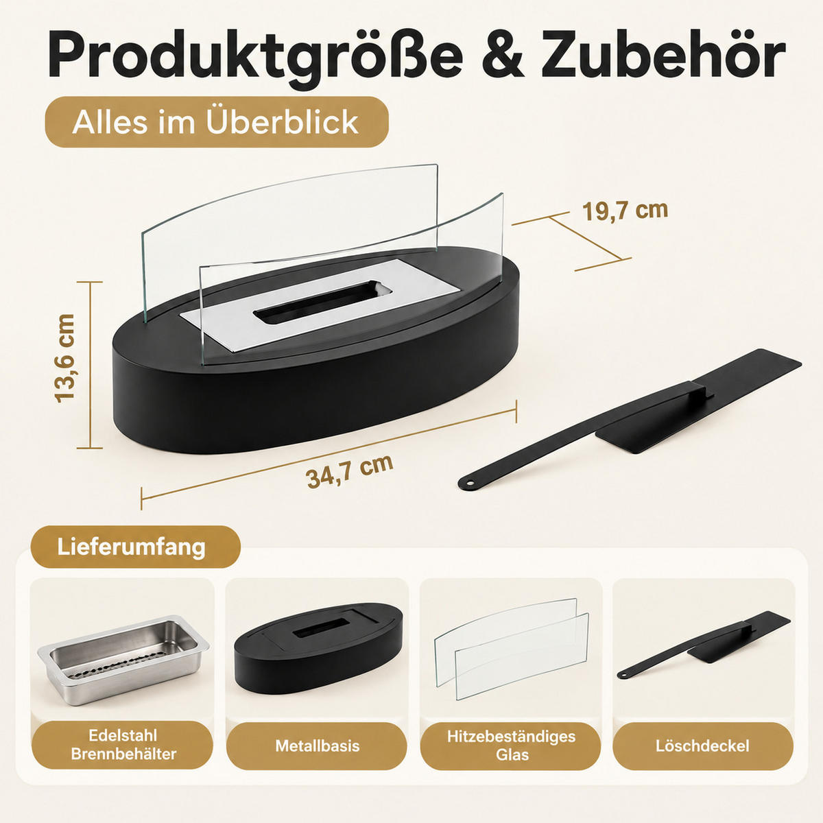 TISCHKAMIN Jyxnal 34.7/19.7/13.6 cm - Schwarz, Glas/Metall (19.7/13.6/34.7cm) - ZMH