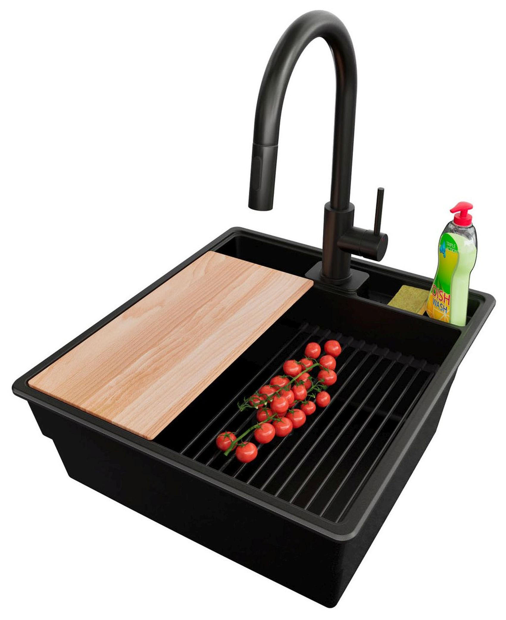 GRANITSPÜLE New York, 2-er set Alles Schwarz 48/53 cm 1 Becken + Küchenarmatur 40/20 cm + Ablauf-Set + Küchenzubehörset ab 50er Unterschrank - Beige/Schwarz, Kunststoff (48/20/53cm) - Primagran