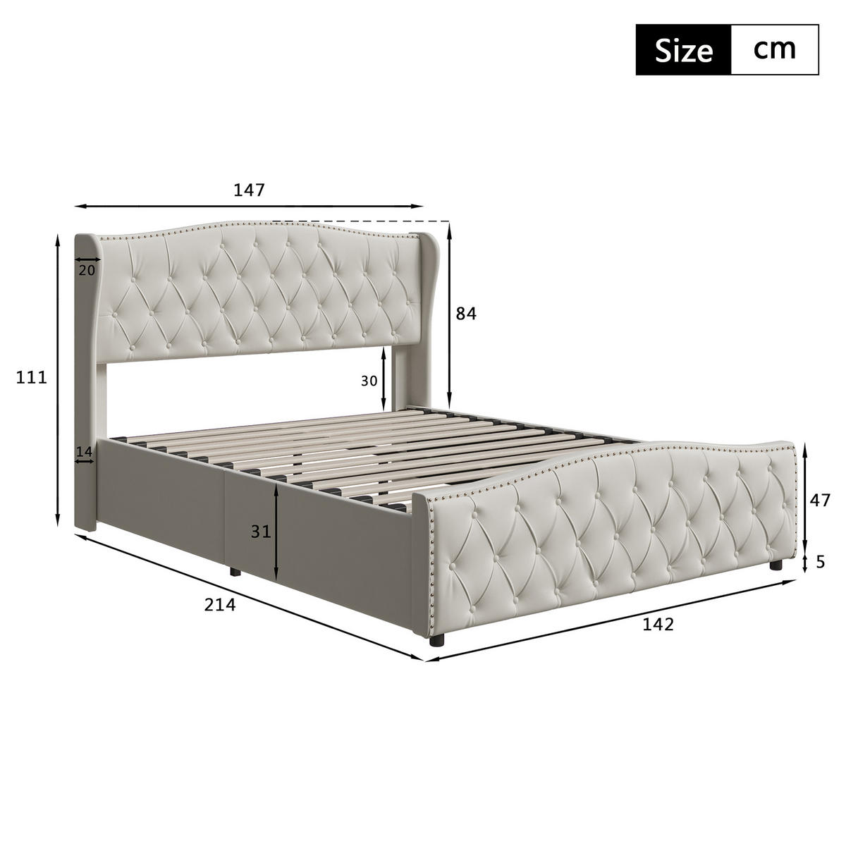 POLSTERBETT Wave-Design 140/200 cm mit Bettkasten & Nietendekor Samtstoff Beige - Beige, Textil (140/200cm) - Creahappy