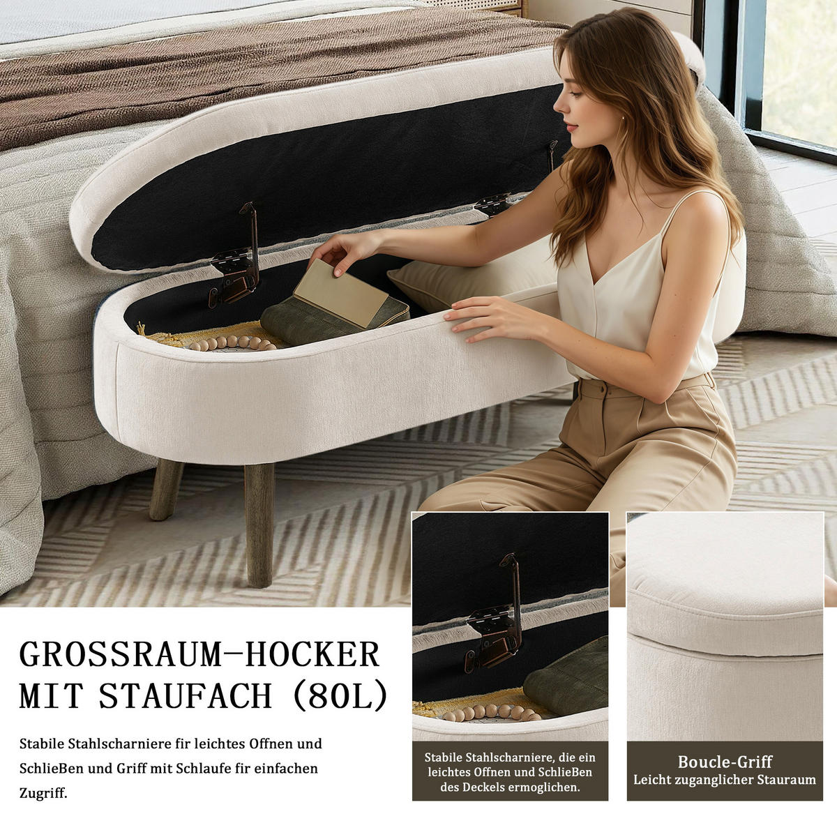 AUFBEWAHRUNGSTRUHE velvet & gold 110 cm - Beige, Textil (110/42/40cm) - Urban Meuble