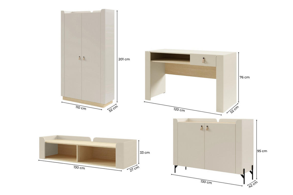 JUGENDZIMMER-SET SOVI D 4-teilig in Macadamia / Eiche Mavelie - Eichefarben/Beige, Holzwerkstoff (360/201/52cm) - Deine Möbel 24