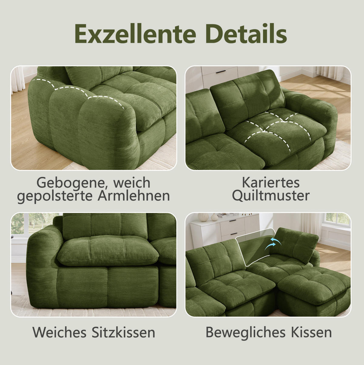 SOFA 194/160/68 cm in Grün mit Chenille-Bezug und ohne Montage - Grün, Textil (160/68/194cm) - Flora Grace