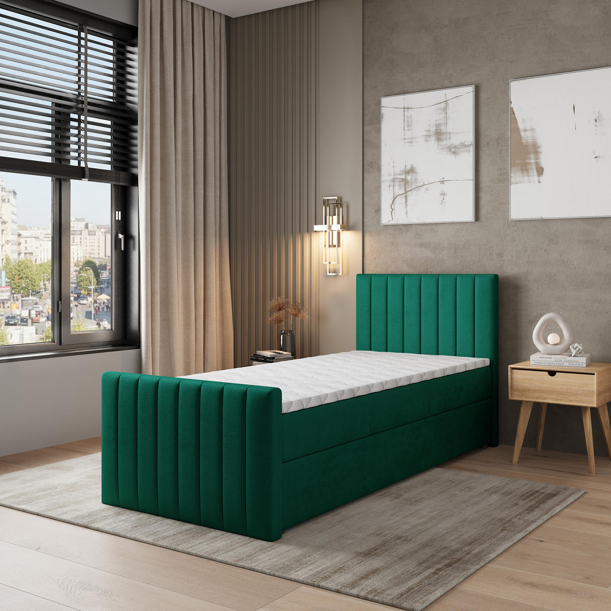 BOXBETT ARION 80 80x200 cm mit Matratze und Topper, H2+H3 - Grün - Grün, Holz (80/200cm) - MASSENO