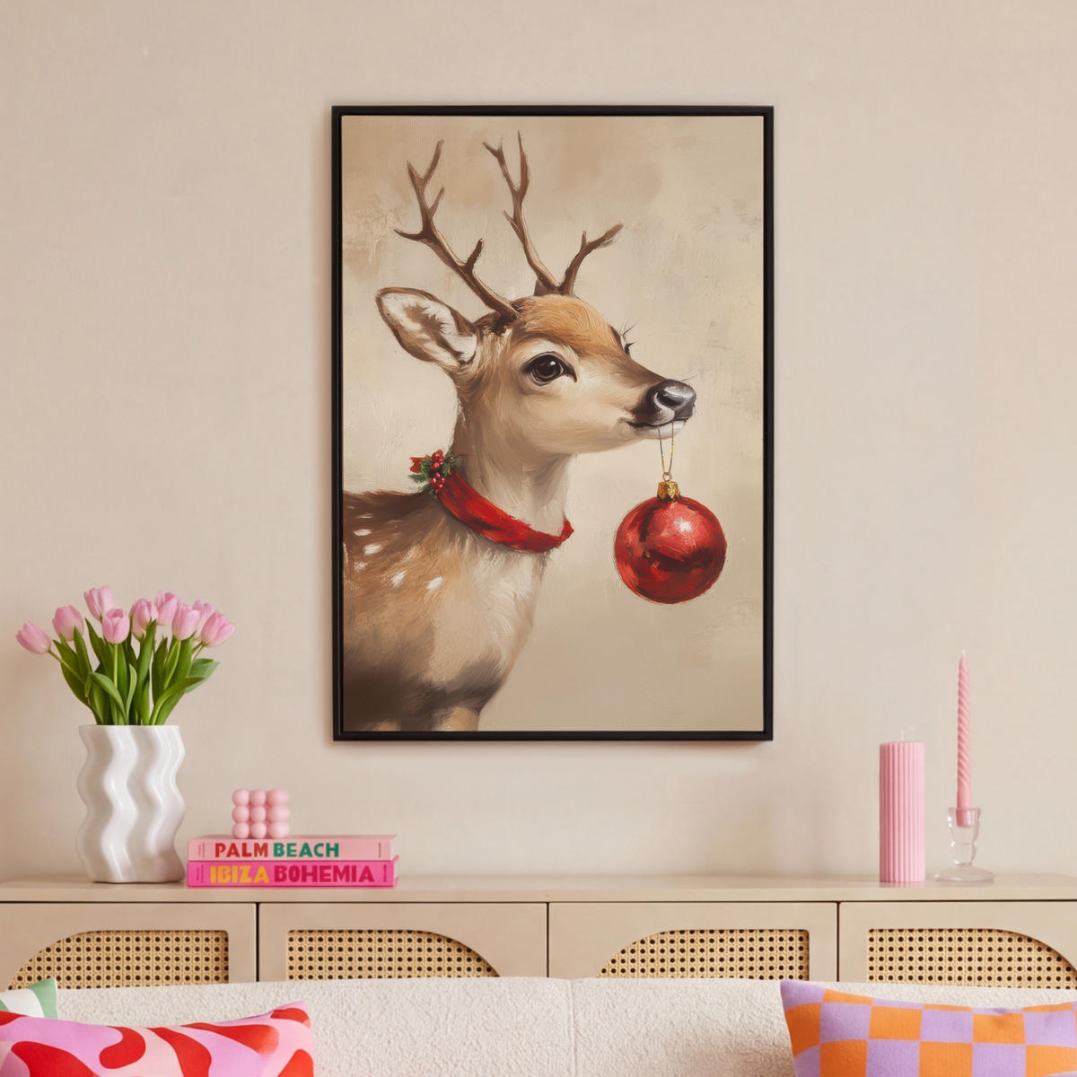 LEINWAND Bilder mit Rahmen - Weihnachten - Hirsch - Geweih - Weihnachtskugel - Rentier - 60x90 - Hellbraun, Textil (60/90cm) - MuchoWow