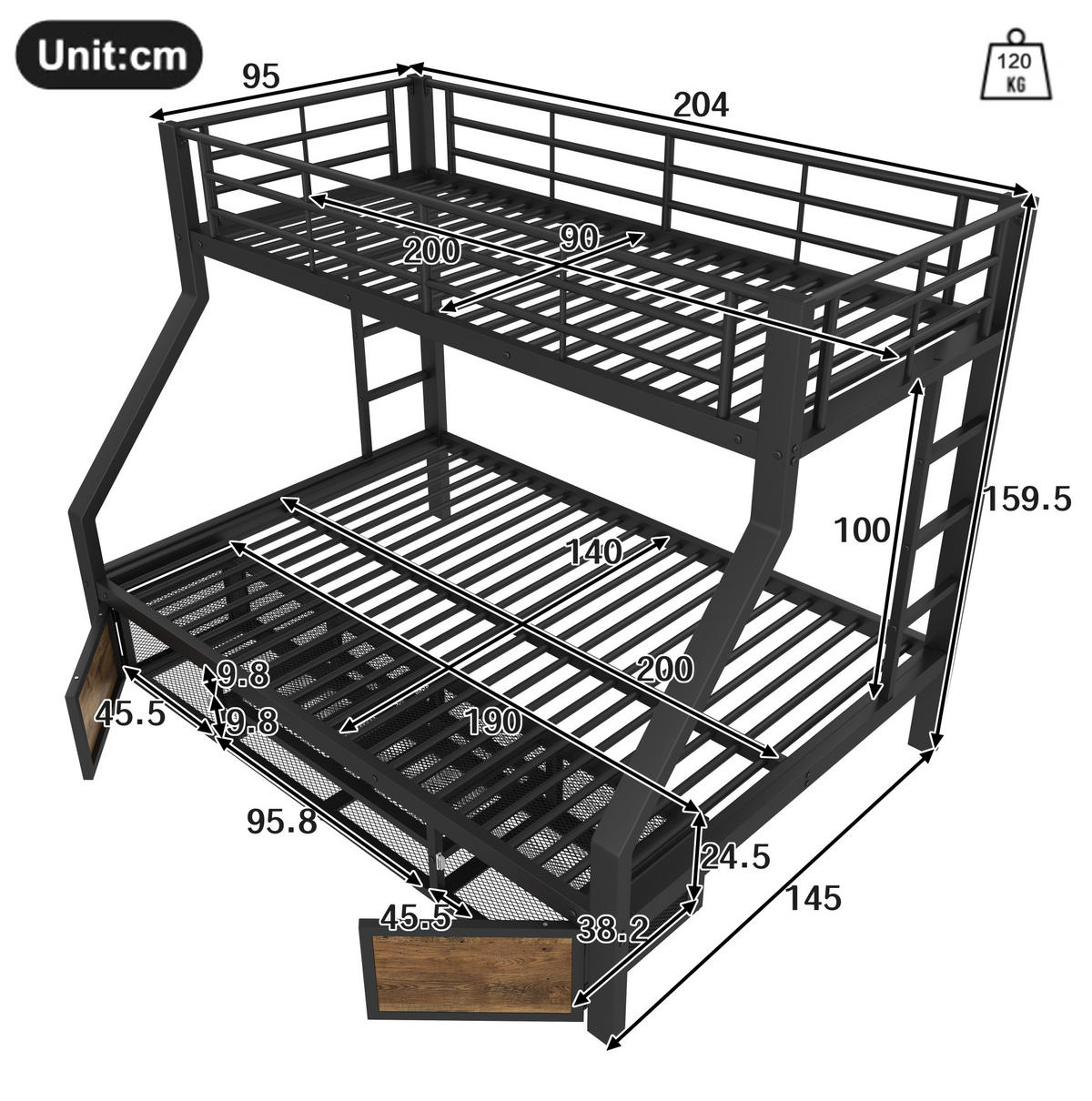 ETAGENBETT 90/200 cm und 140/200 cm Schwarz mit Schuhschrank ohne Matratze - Schwarz, Metall (140/200cm) - MIVRAY