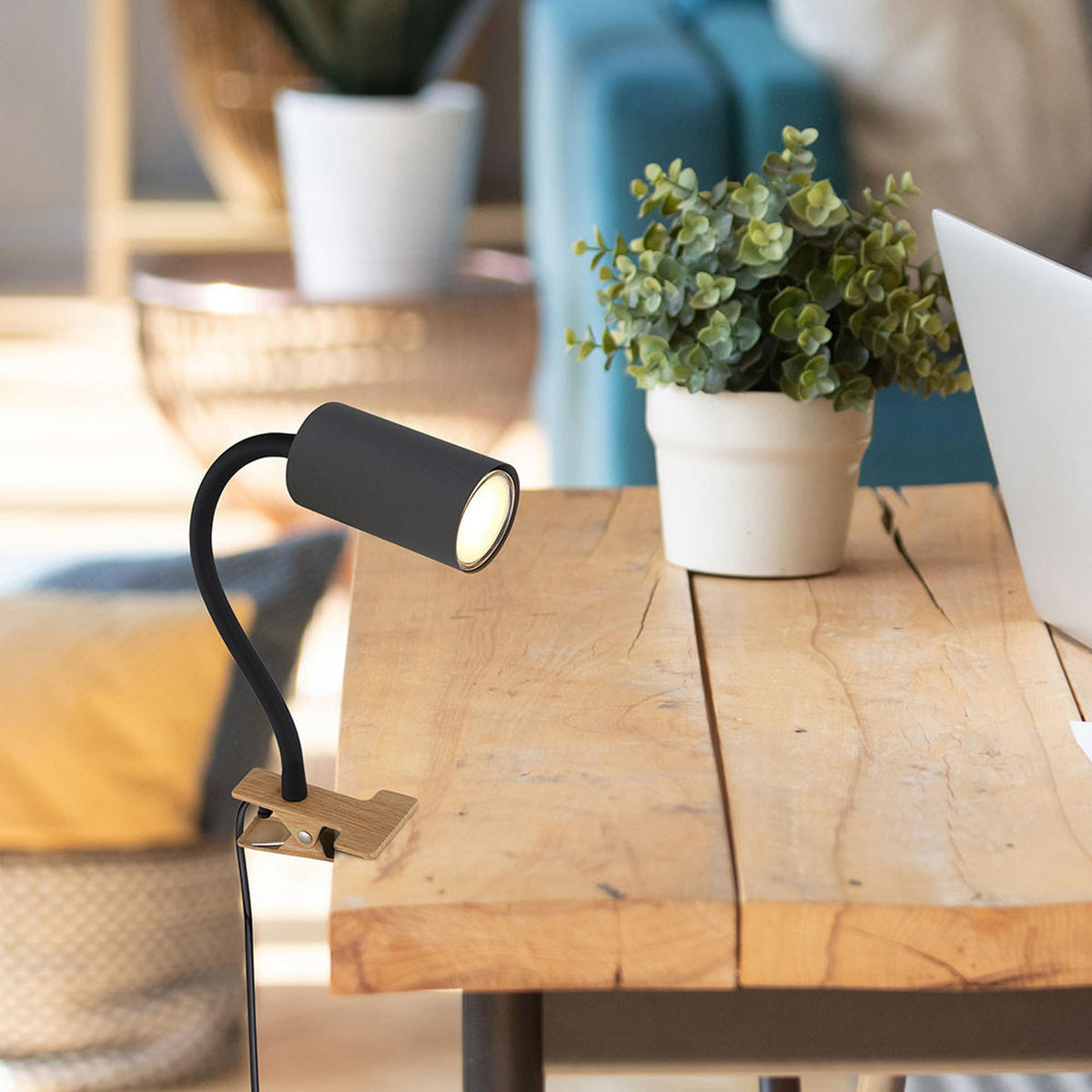 TISCHLEUCHTE Holzoptik Schwarz Flexibler Arm - Schwarz, Metall (29/10/41.5cm) - Globo Lighting