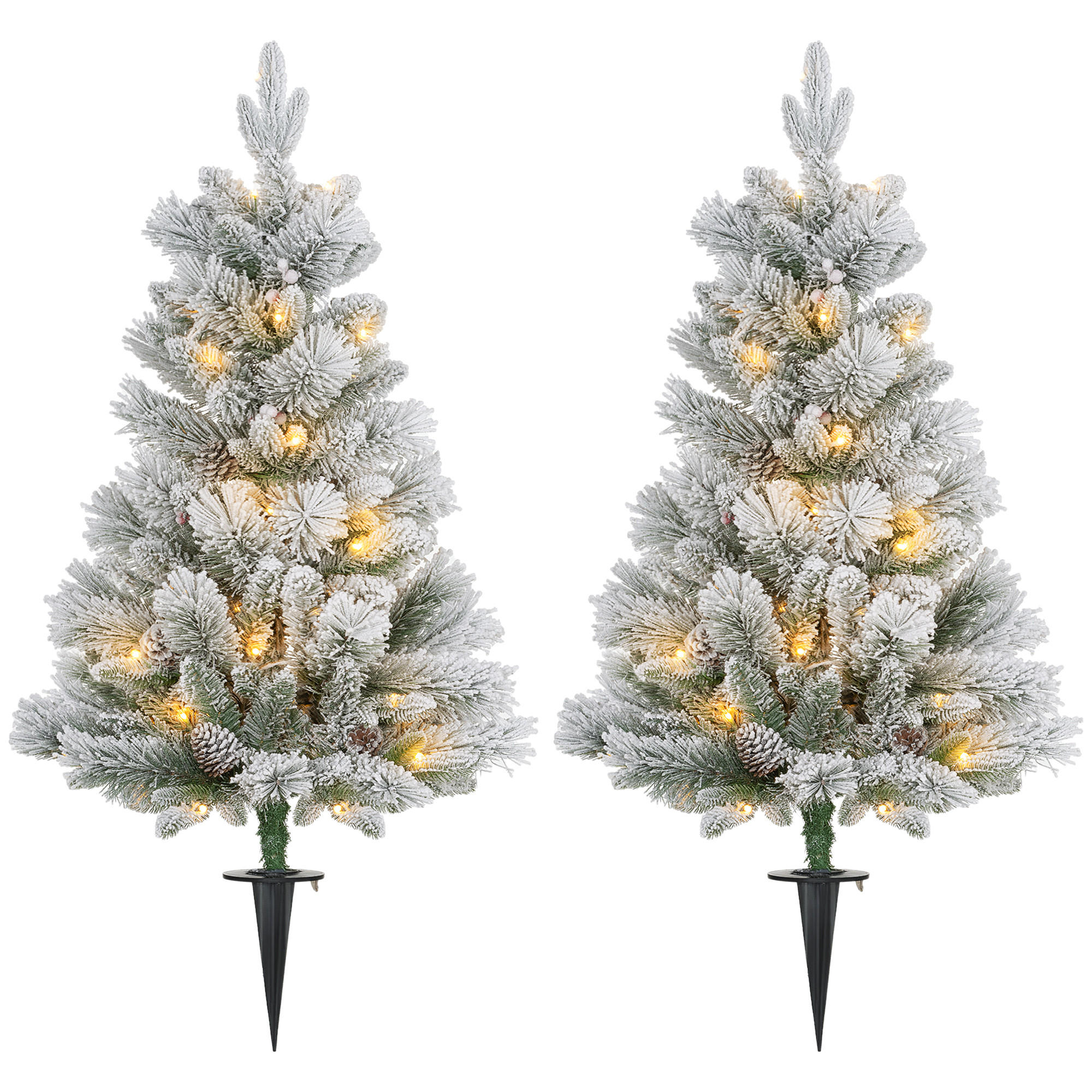 107 cm Künstlicher Weihnachtsbaum, 2er-Set mit 100 LED-Lichten flammhemmend - Weiß/Grün, Kunststoff/Metall (107cm) - HOMCOM