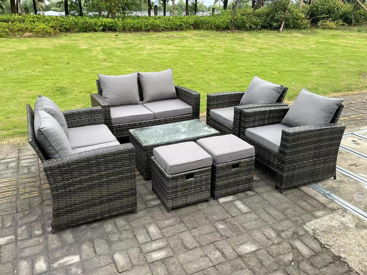 GARTENMÖBELSET mit 2 kleinen Hockern Polyrattan Dunkelgrau 8-Sitzer - Dunkelgrau, Metall - Fimous