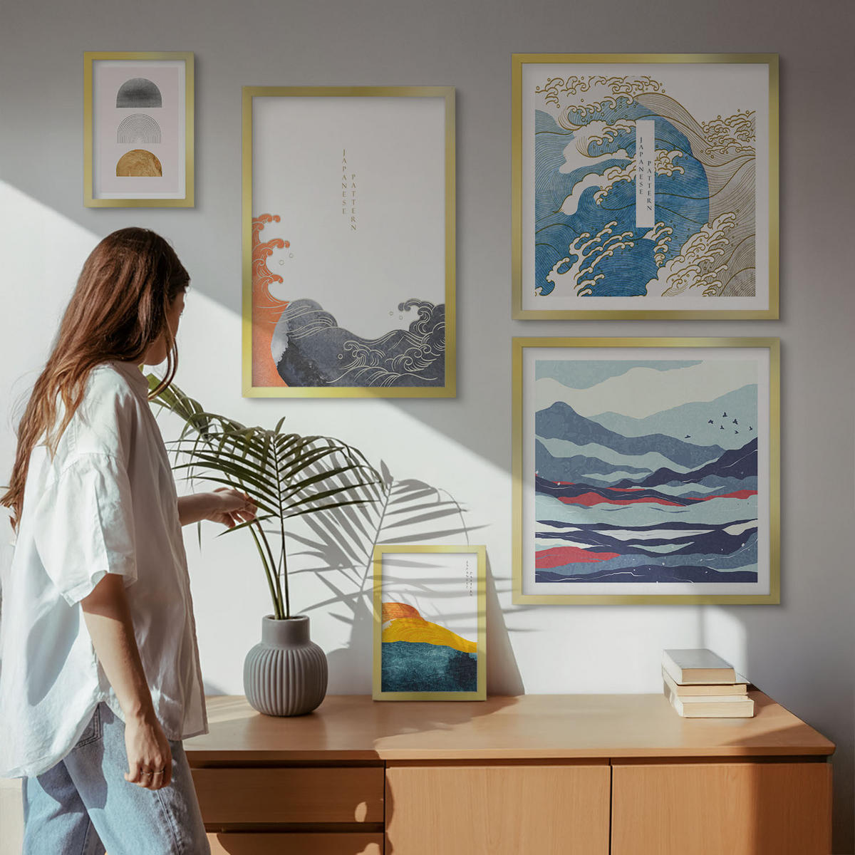 WANDBILDER 5er Set - 50x50 cm & 20x30 cm & 40x60 cm Goldrahmen - Stilvolle moderne Blumen - Goldfarben, Kunststoff (40/60cm) - ArtPrintCave