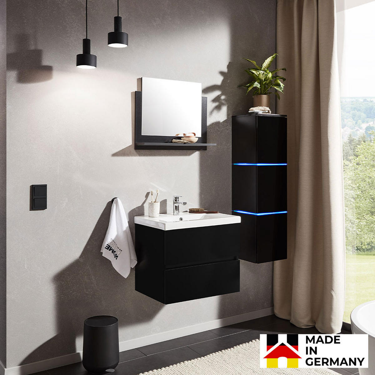 BADMÖBEL WANGEROOGE DELUXE L - Schwarz, L - Schwarz, Holz/Keramik (110/30/30cm) - Home Deluxe