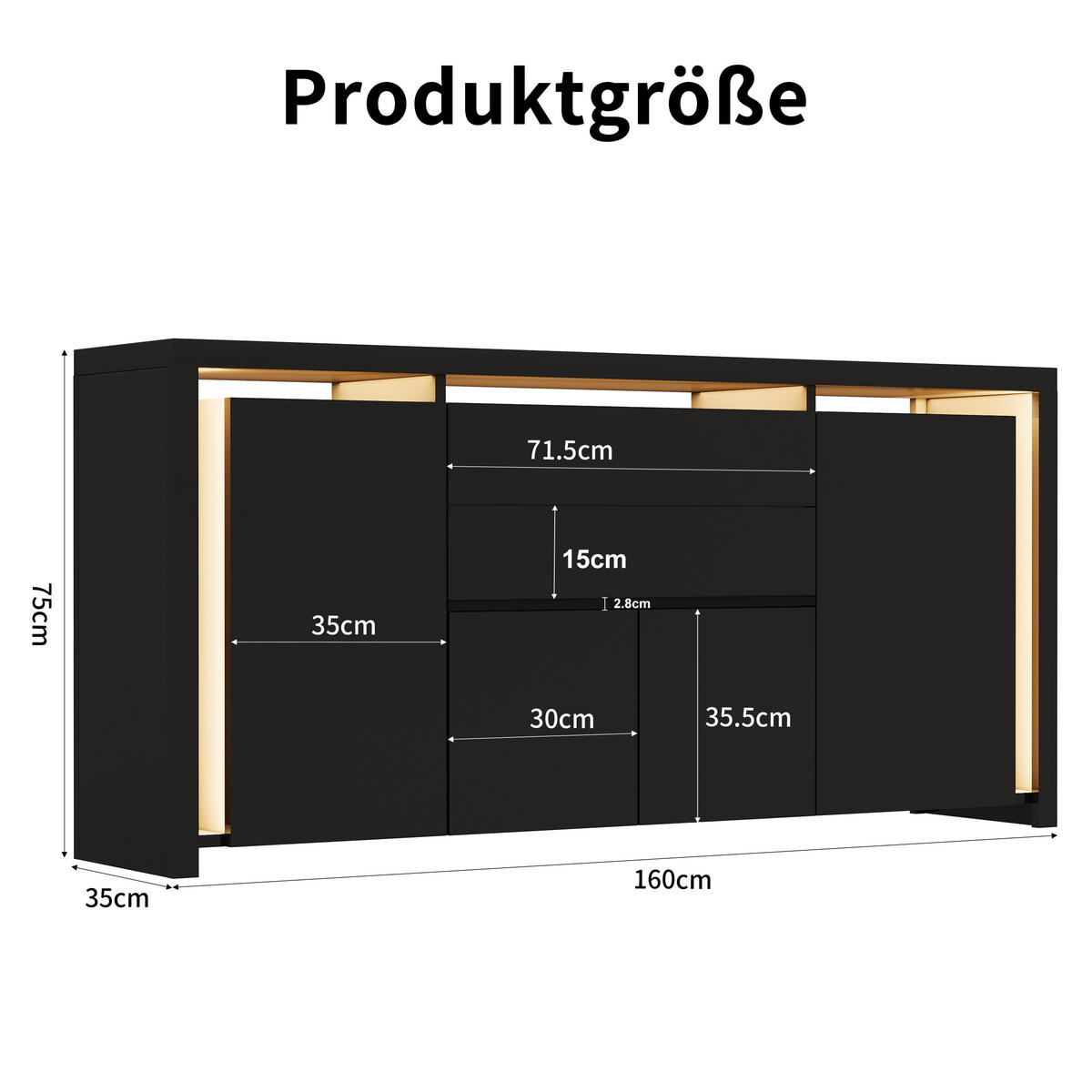 SIDEBOARD 160 cm Hochglanz mit LED, 4 Türen und 2 Schubladen, Küchenschrank mit Stauraum, Schwarz - Schwarz, Holzwerkstoff (160/35/75cm) - Waldena