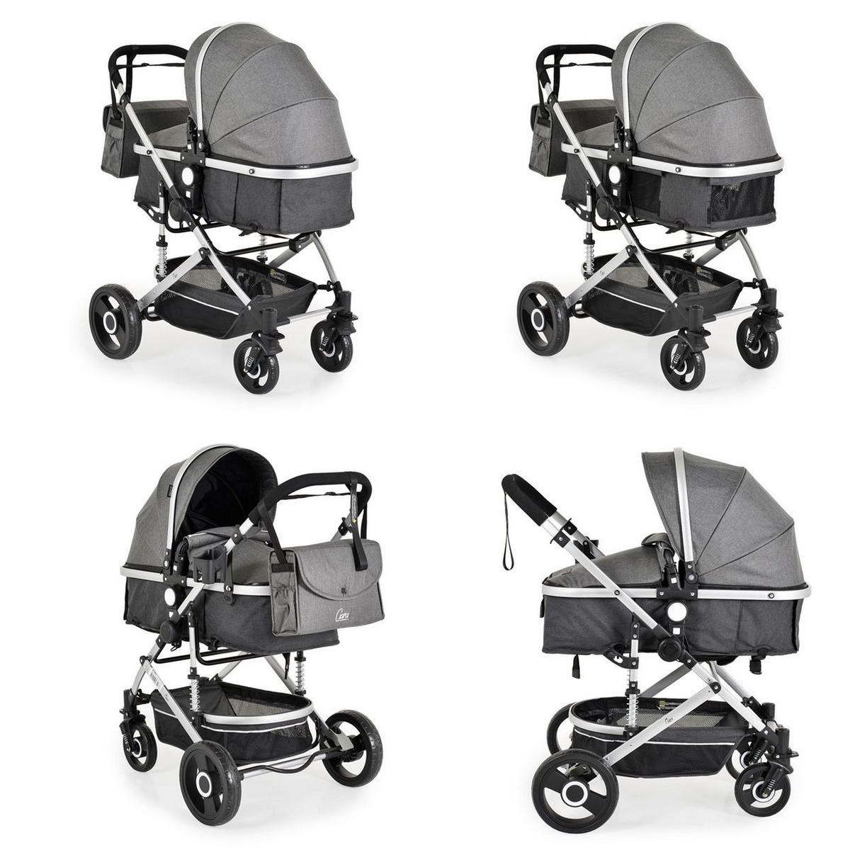 KINDERWAGEN Ciara grau schwarz Tragetasche Sportsitz Wickeltasche faltbar Sitz umkehrbar - Schwarz, Metall (94/63/103cm) - Moni