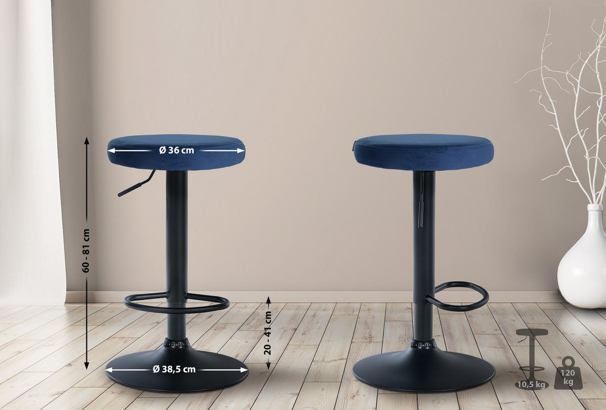 BARHOCKER 2er Set Pontius Samt schwarz blau - Blau/Schwarz, Textil/Metall (38.5/81/38.5cm) - TPFLiving