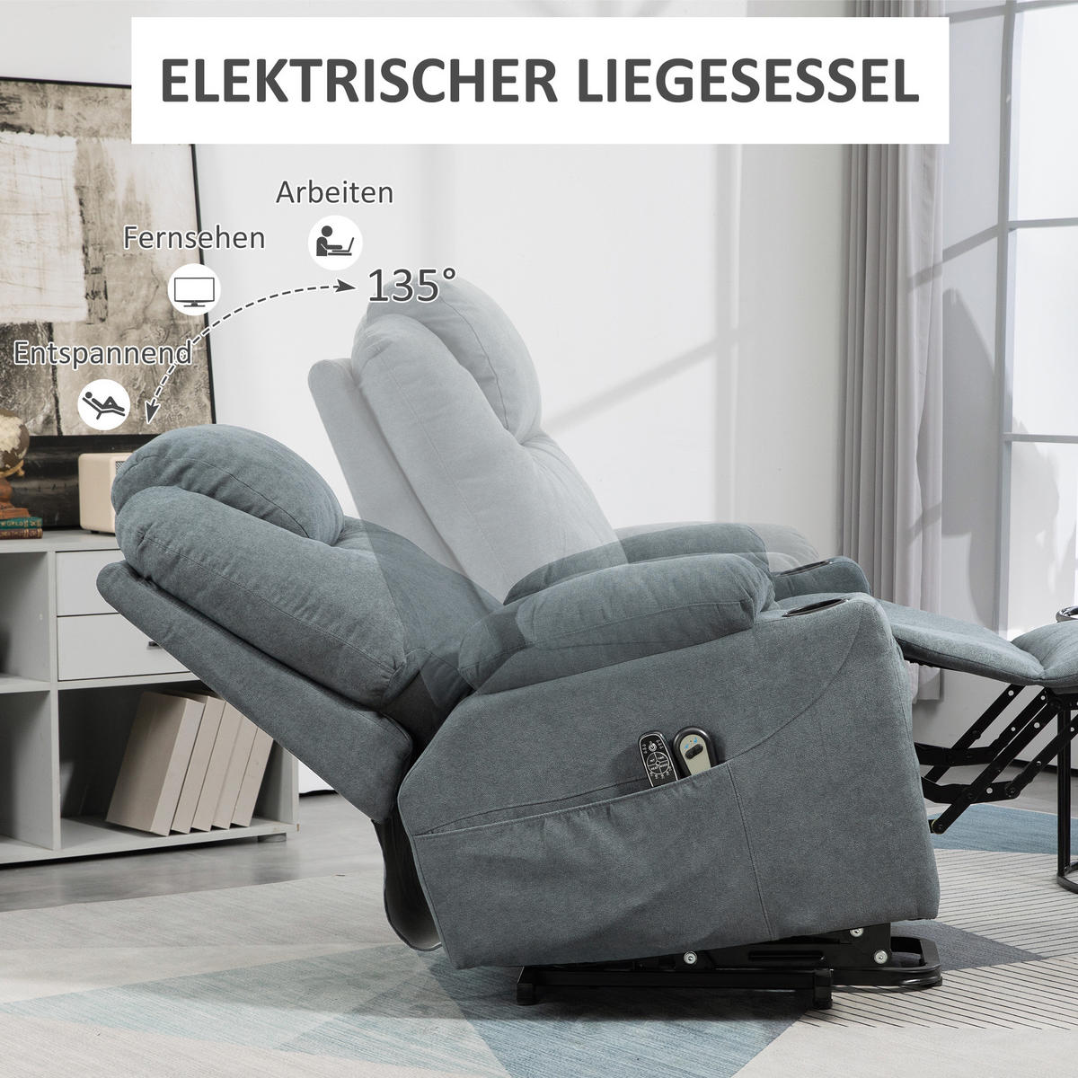 MASSAGESESSEL DE-06391 Mit Aufstehilfe, 8 Massagepunkte, 135° neigbar Grau - Dunkelgrau, Textil/Metall (90/107/101cm) - ComfortXL