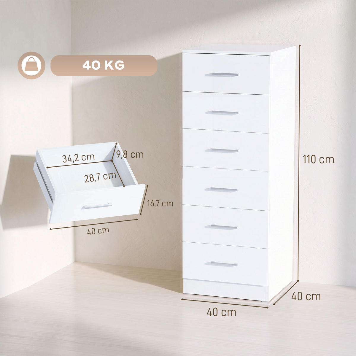 KOMODA MDF bílá - bílá/stříbrná, kov/kompozitní dřevo (40/110/40cm) - HOMCOM
