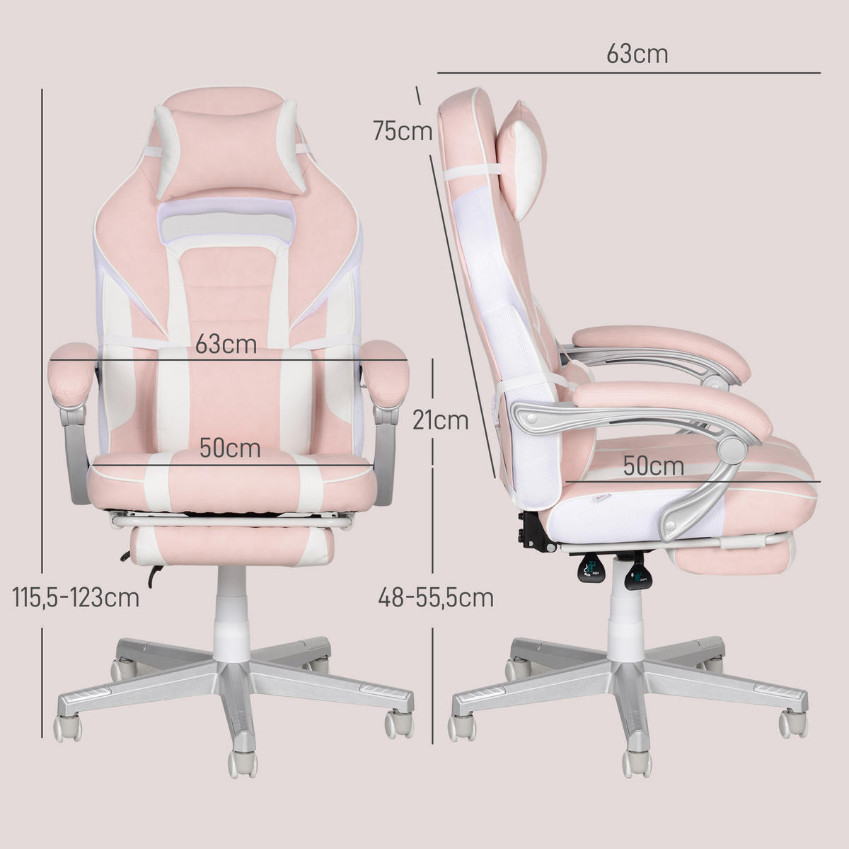 GAMINGSTUHL mit Fußstütze, Kopf- & Lendenkissen, drehbar, höhenverstellbar, Rosa - Rosa, Leder (63/123/63cm) - HOMCOM