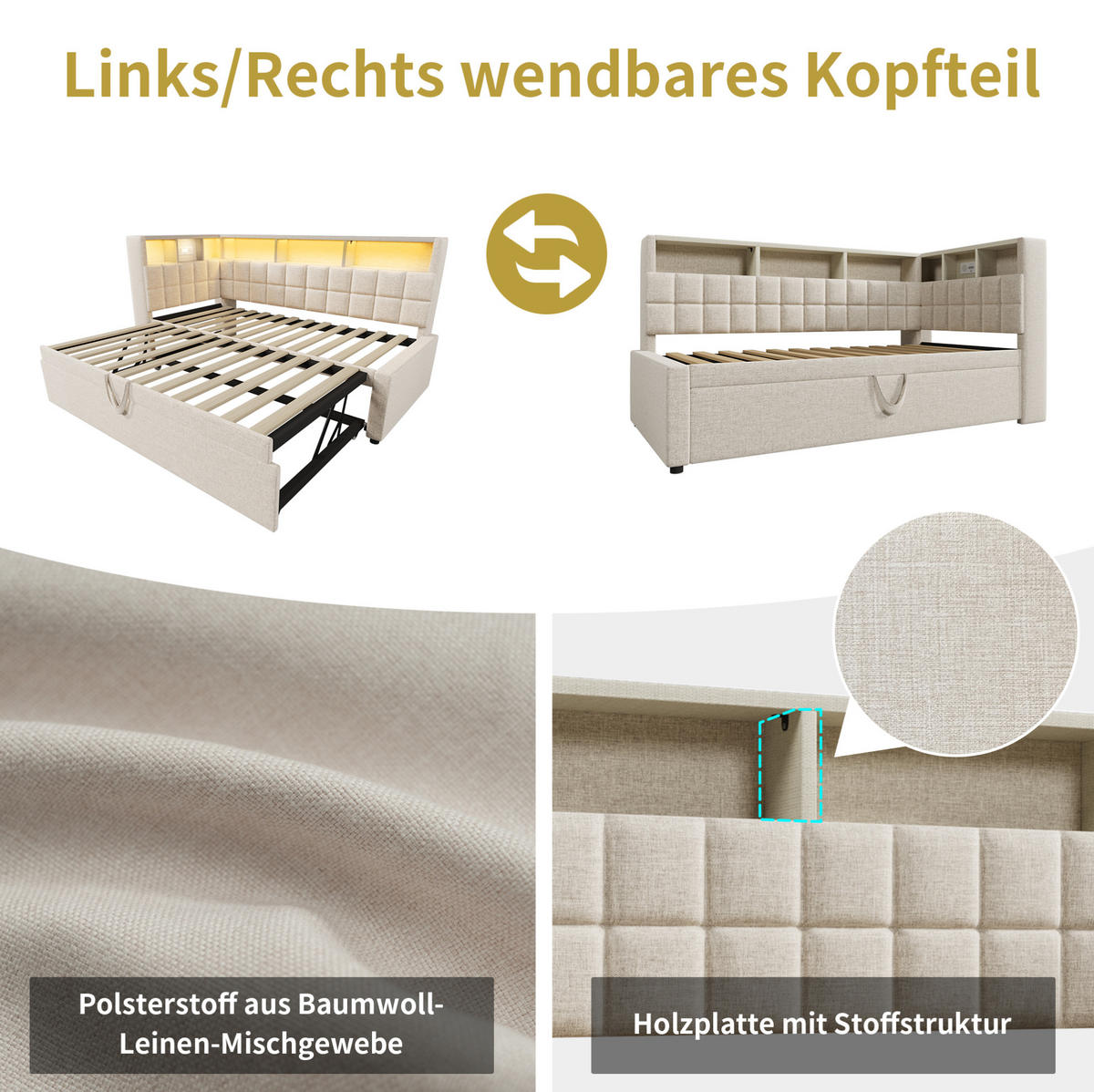 ČALÚNENÁ posteľ z ľanovej zmesi 90x200 cm béžová s výsuvným lôžkom, LED osvetlením, Bluetooth a USB/Type-C nabíjaním - béžová, textil (90/200cm) - Modfu