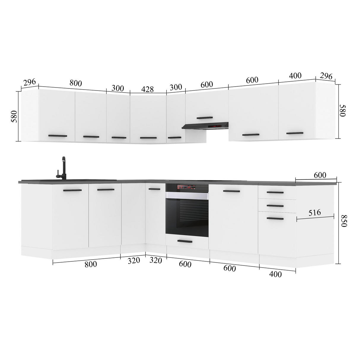 KÜCHE L-Form Janet, mit Arbeitsplatten, Silber matt - Dunkelgrau, Holz (360/204/60cm) - B BELINI GROUP