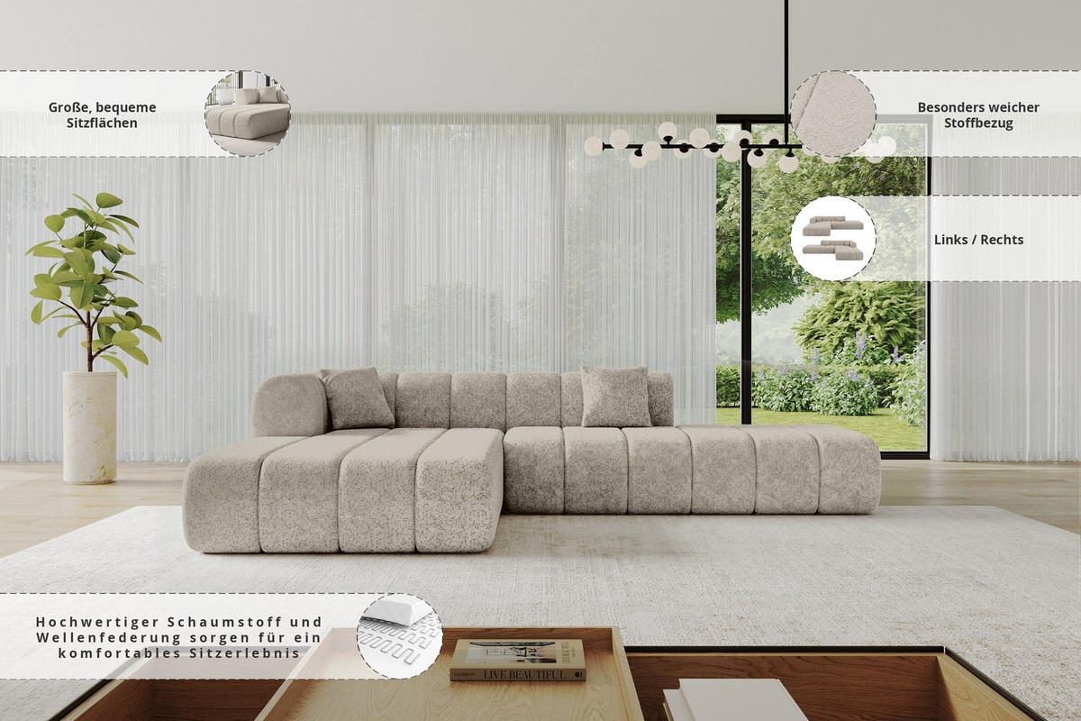 ROHOVÁ SEDAČKA s otomanem, levá BILA-L 289x176x71 Béžová Žinylka - černá/šampaňská, kompozitní dřevo/textil (176/289cm) - ALTDECOR