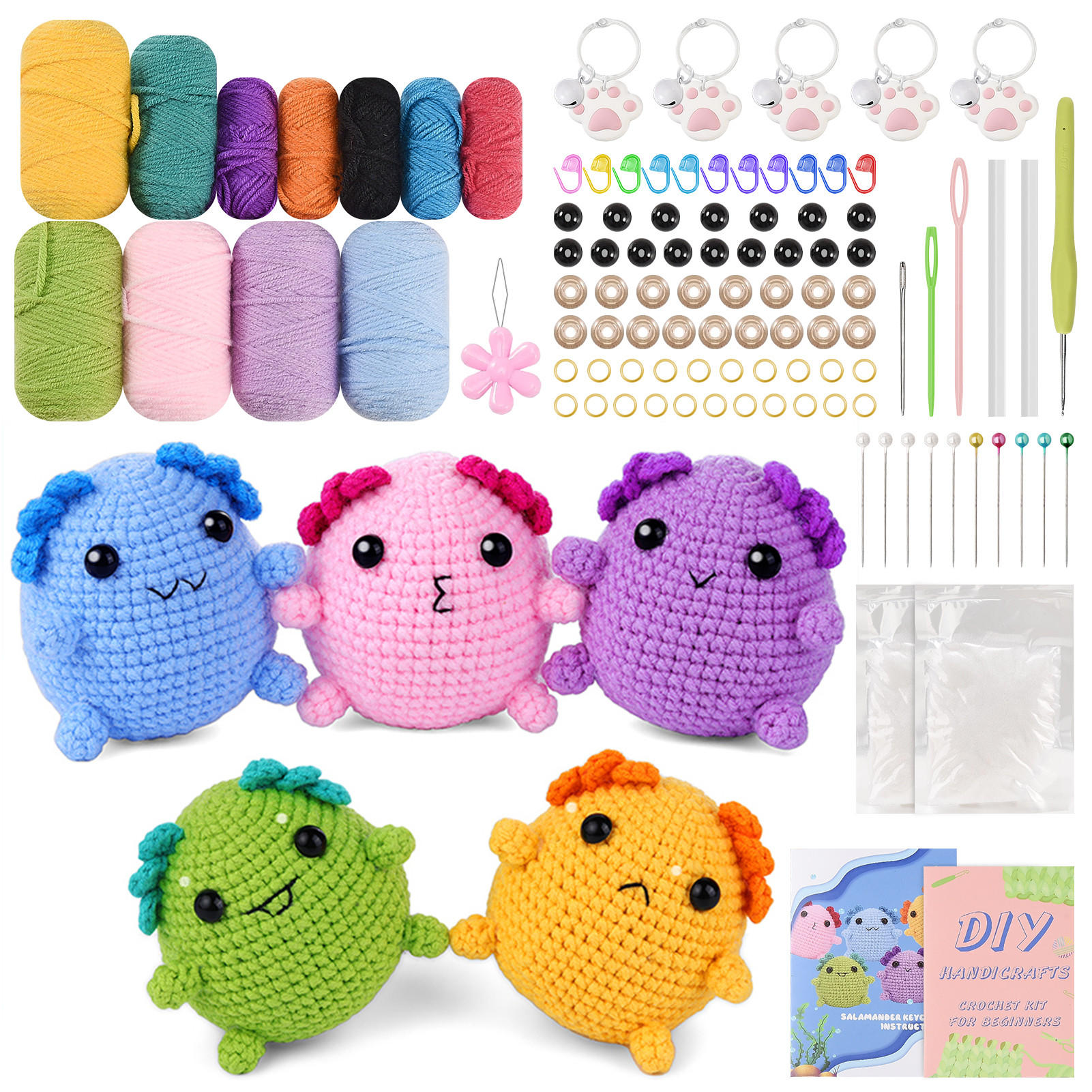 KOMPLET za heklanje životinja (5 dijelova), DIY Amigurumi za početnike s video uputama - plava, tekstil (1/1/1cm)