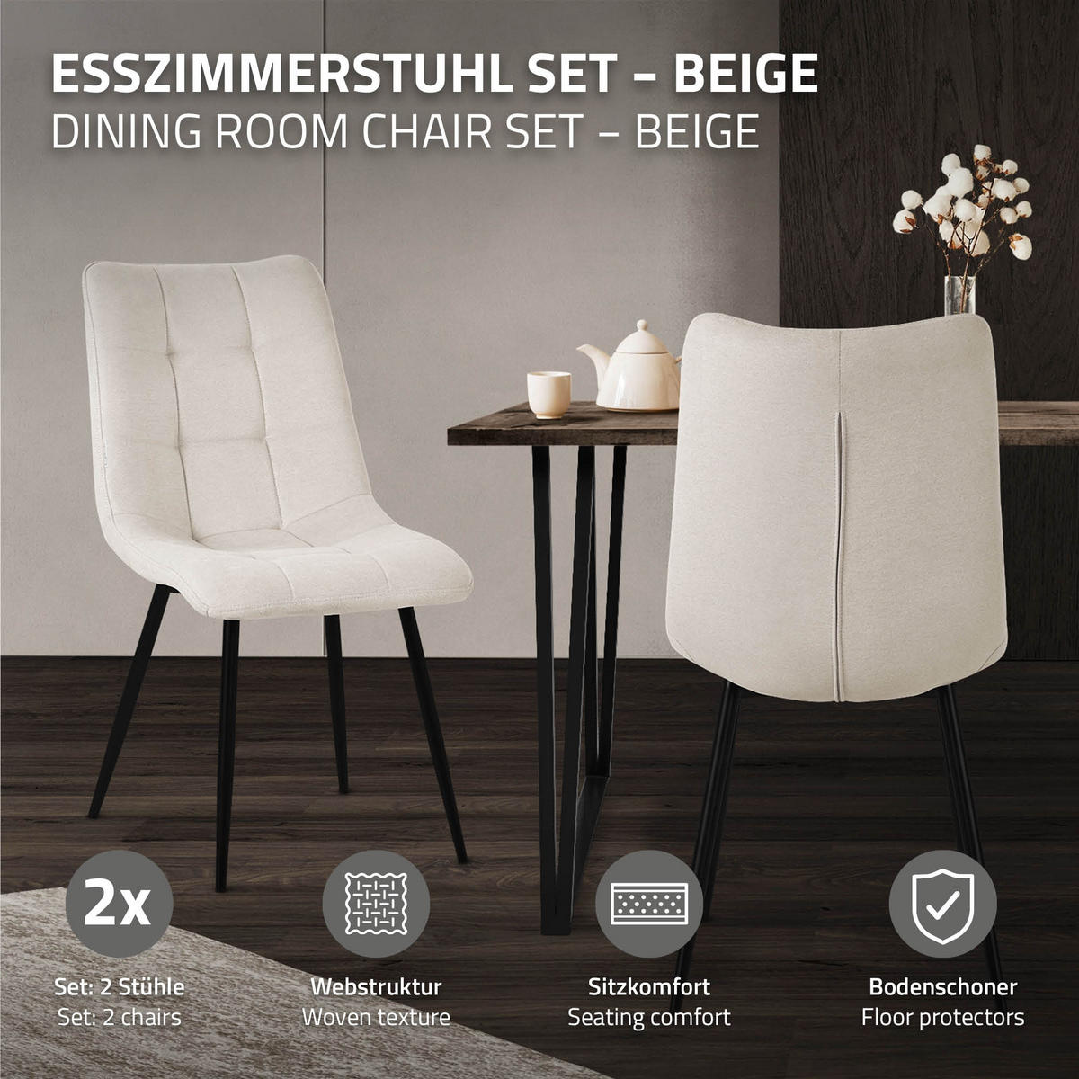 ESSZIMMERSTÜHLE 2ER-SET Beige Stoffbezug - Beige/Schwarz, Textil/Metall (49/89/60.5cm) - ML-DESIGN