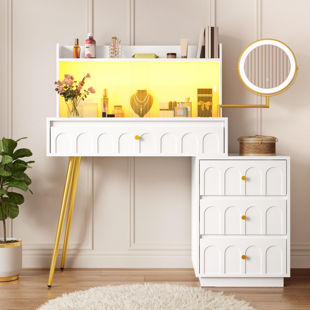 SCHMINKTISCH 112/34,5/116 cm weiß aus MDF mit LED-Spiegel - Weiß, Holzwerkstoff (34.5/116/112cm) - OKWISH