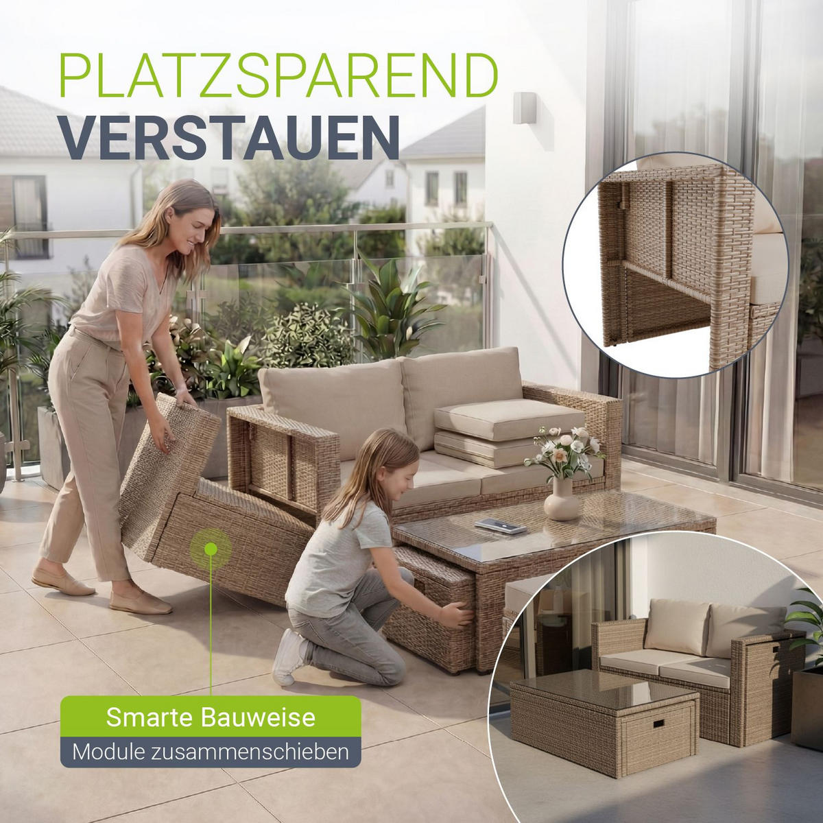 LOUNGEGARNITUR Salou inkl. Abdeckung beige - Beige, Kunststoff - Juskys