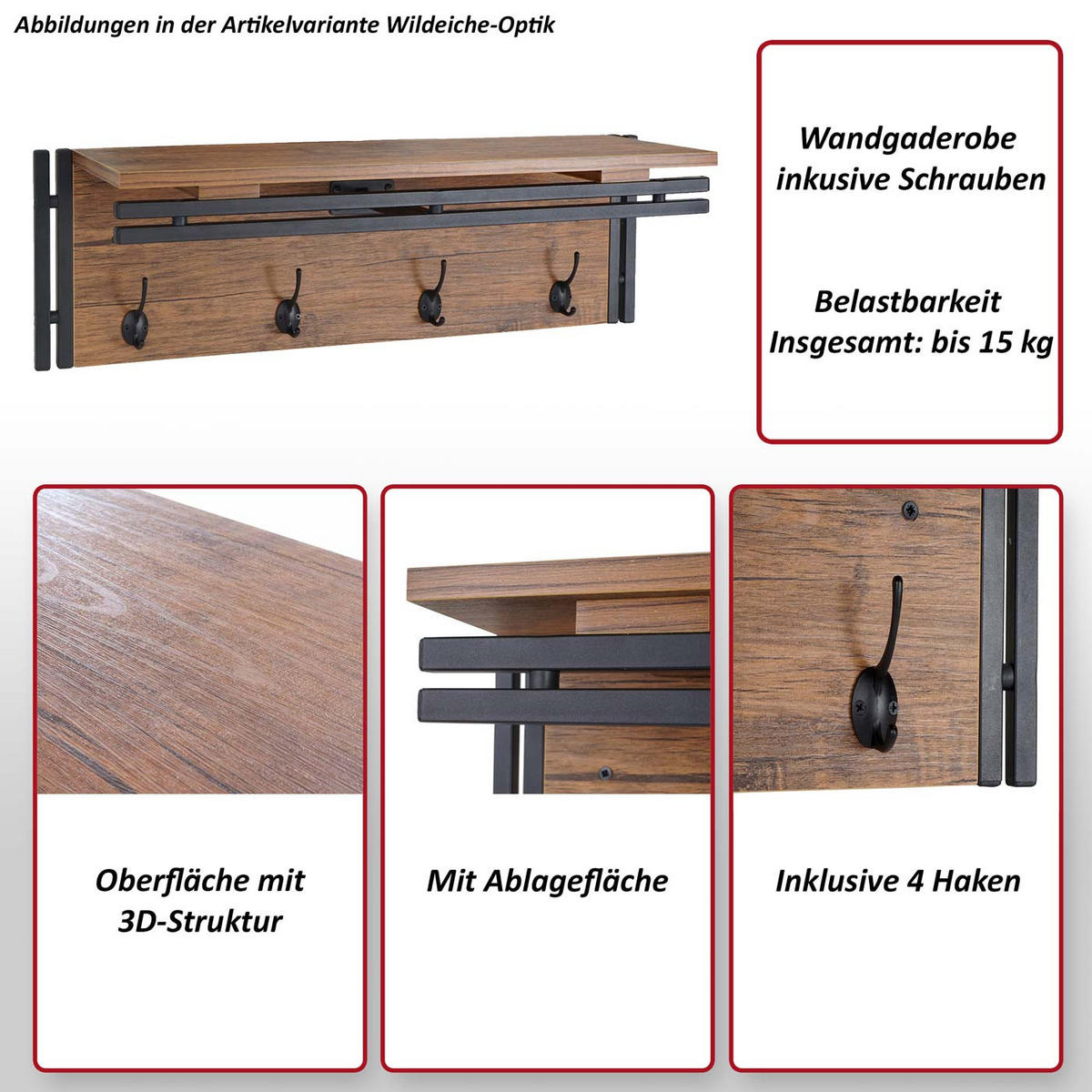 WANDGARDEROBE Wildeiche Dekor - Wildeiche, Holzwerkstoff (75/24/24cm) - MCW