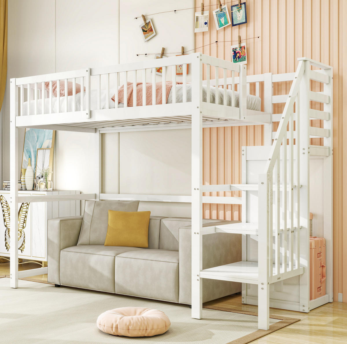 HOCHBETT 90/200 cm Weiß aus Holz mit Treppe, Regal und Kleiderschrank - Weiß, Holz (90/200cm) - Flora Grace