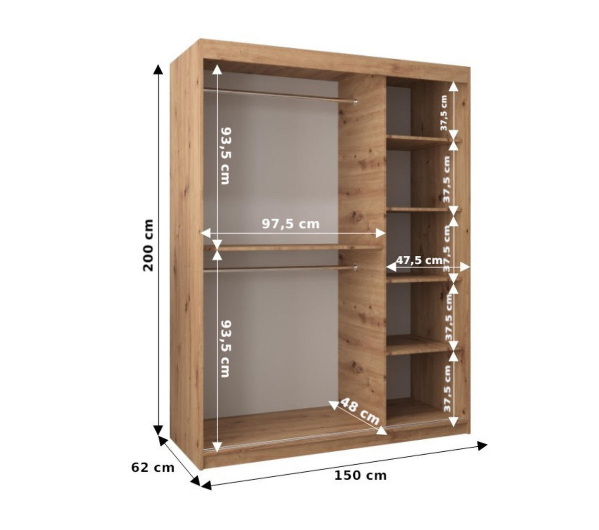 SCHWEBETÜRENSCHRANK 200/150/62 2-türig - Silberfarben/Schwarz, Holz/Kunststoff (150/200/62cm) - MÖBEL KRYSPOL