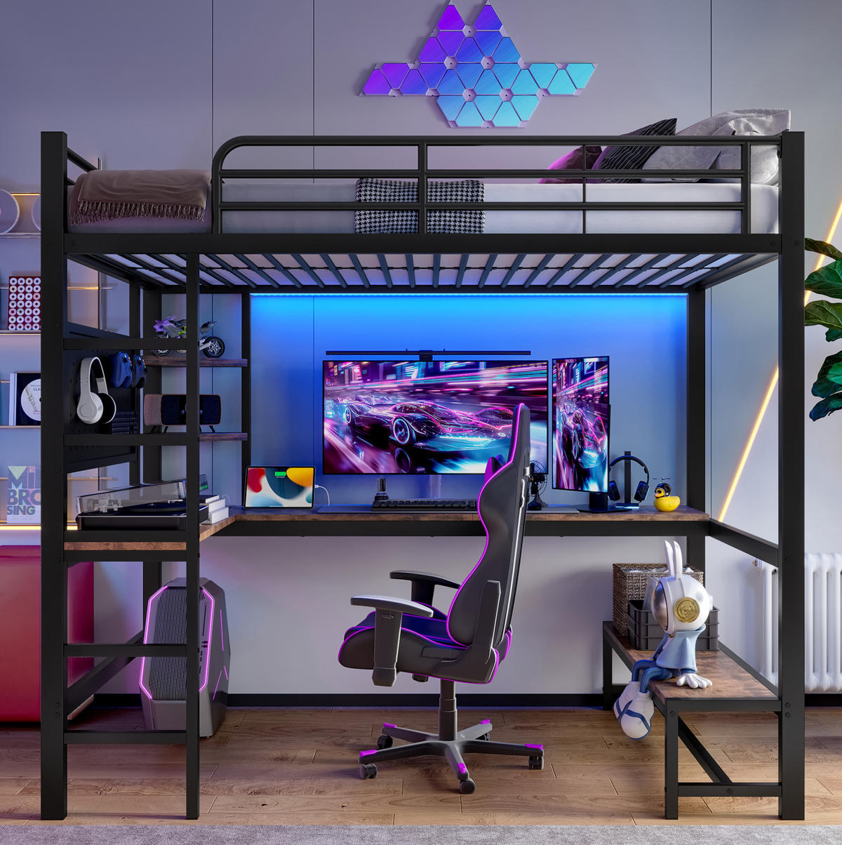 HOCHBETT 90/200 cm aus Metall mit Schreibtisch und LED-Leiste Schwarz - Schwarz, Metall (90/200cm) - Modenvie