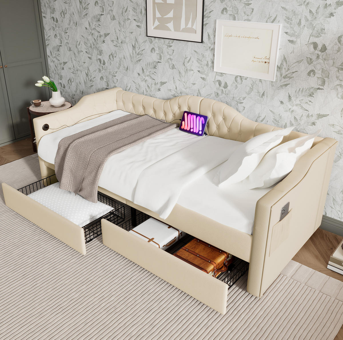 POLSTERBETT aus Samt 90x200 cm in Beige mit USB, Type-C & 2 Schubladen - Beige, Textil (90/200cm) - Modfu