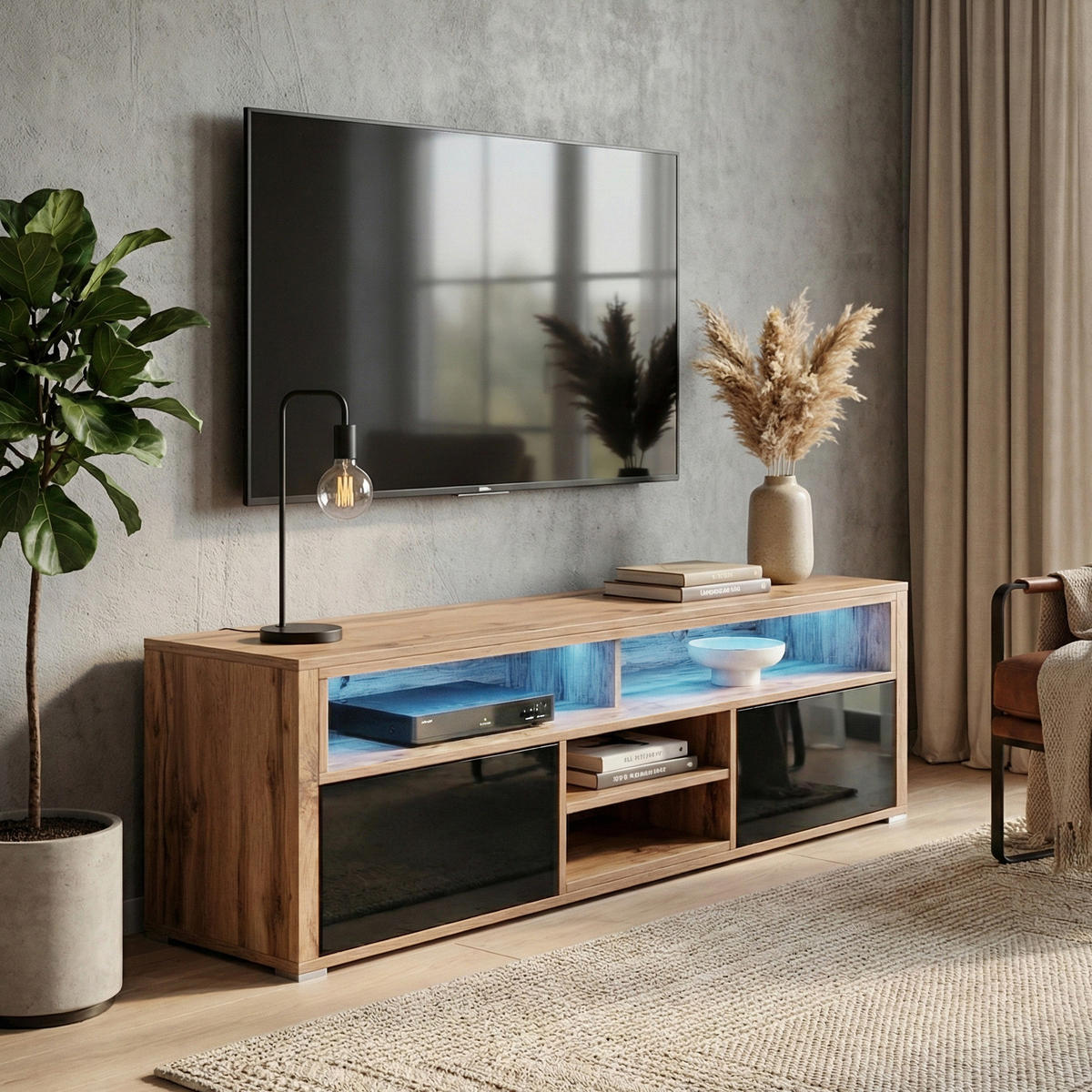 TV-ELEMENT Bella mit 2 Türen und offenem Regal, eiche Wotan+schwarz glänzend - Eichefarben/Schwarz, Holzwerkstoff (137/42.5/33cm) - Beautysofa