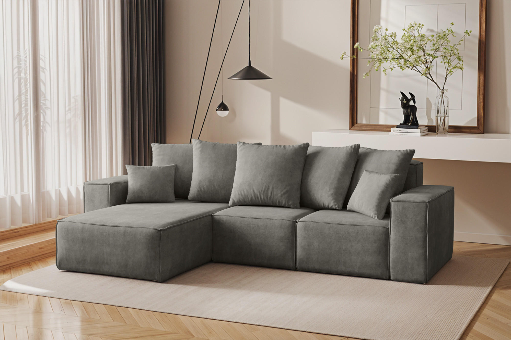 ECKSOFA L-Form Premium Kollektion ELLA Stoff Velours Noel Grau Links - Grau, Holz/Textil (168/262cm) - Kaiser Möbel