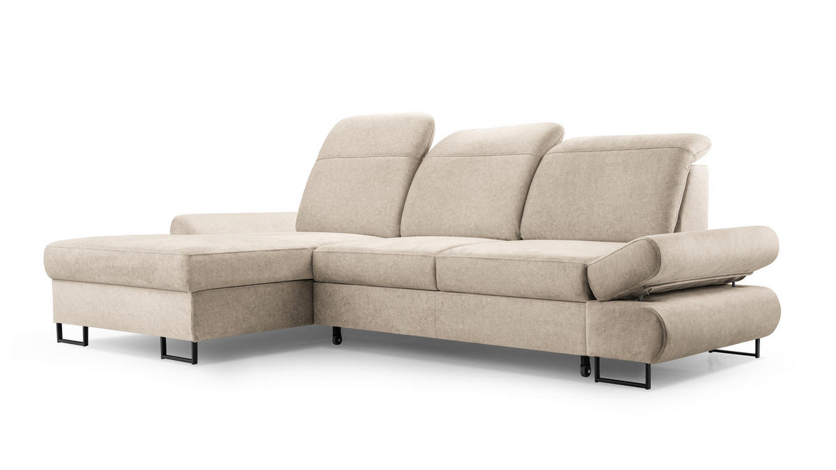 ECKSOFA NANO Beige Velours-Stoff mit Schlaffunktion - Beige, Holz (265/156cm) - MASSENO