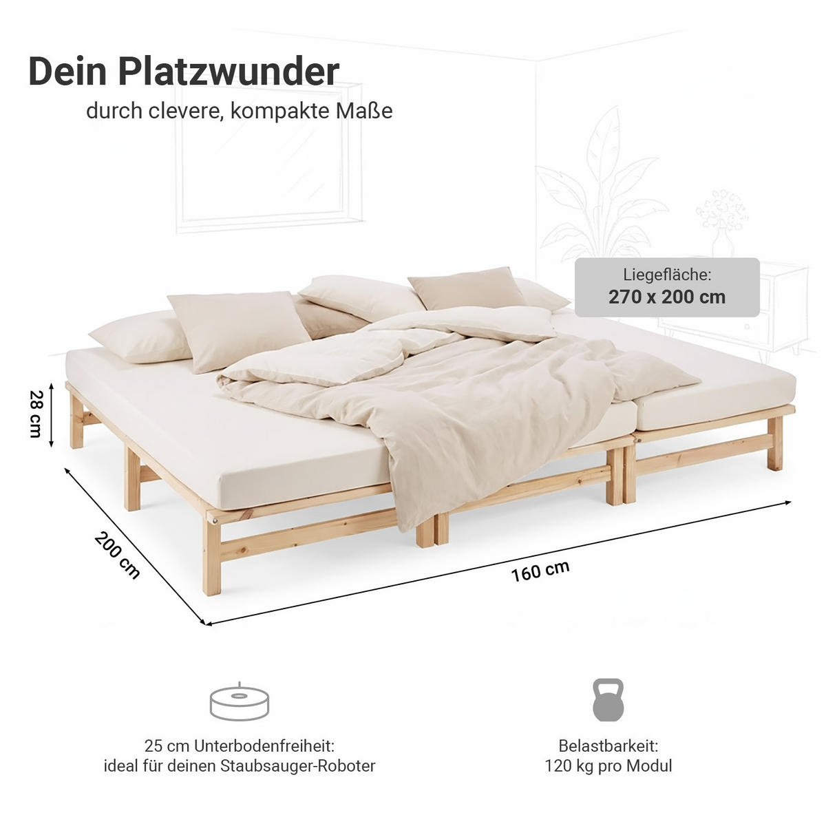 HOLZBETT Familienbett 270/200 cm natur + Lattenrost - Braun, Holz (270/200cm) - Homestyle4u
