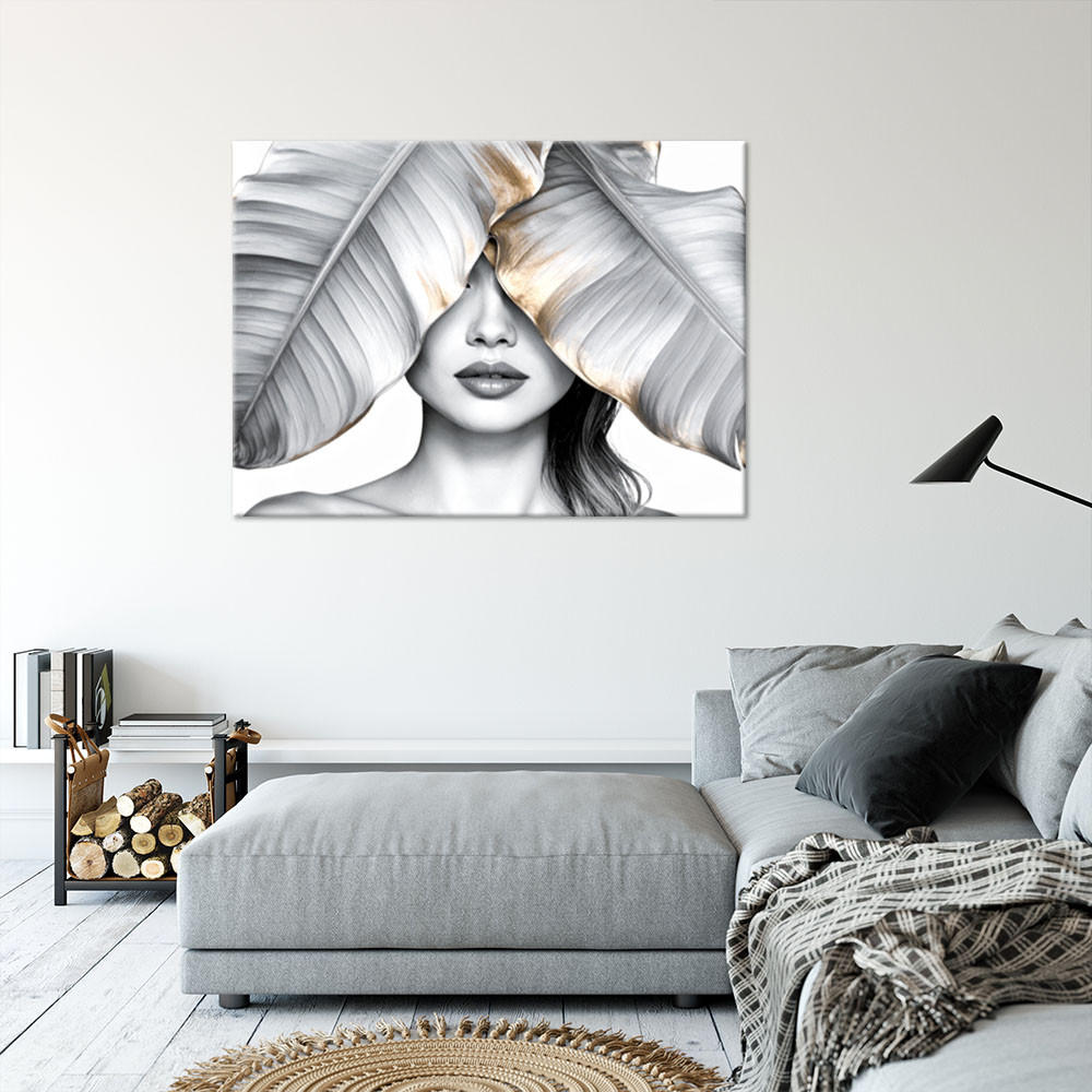 LEINWANDBILD Frau und silberne und goldene Bananenblätter 120x80cm - Grau, Textil (120/80cm) - Feeby