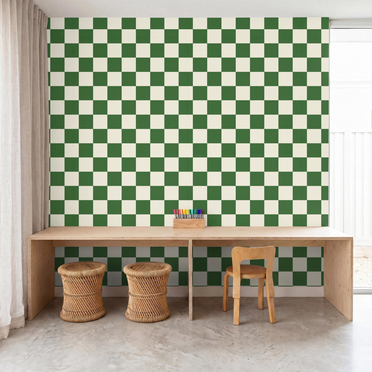 KINDERTAPETE - Schachbrett - Muster - Grün - 220x240 cm - Grün, Papier (220/240cm) - OnlyWow