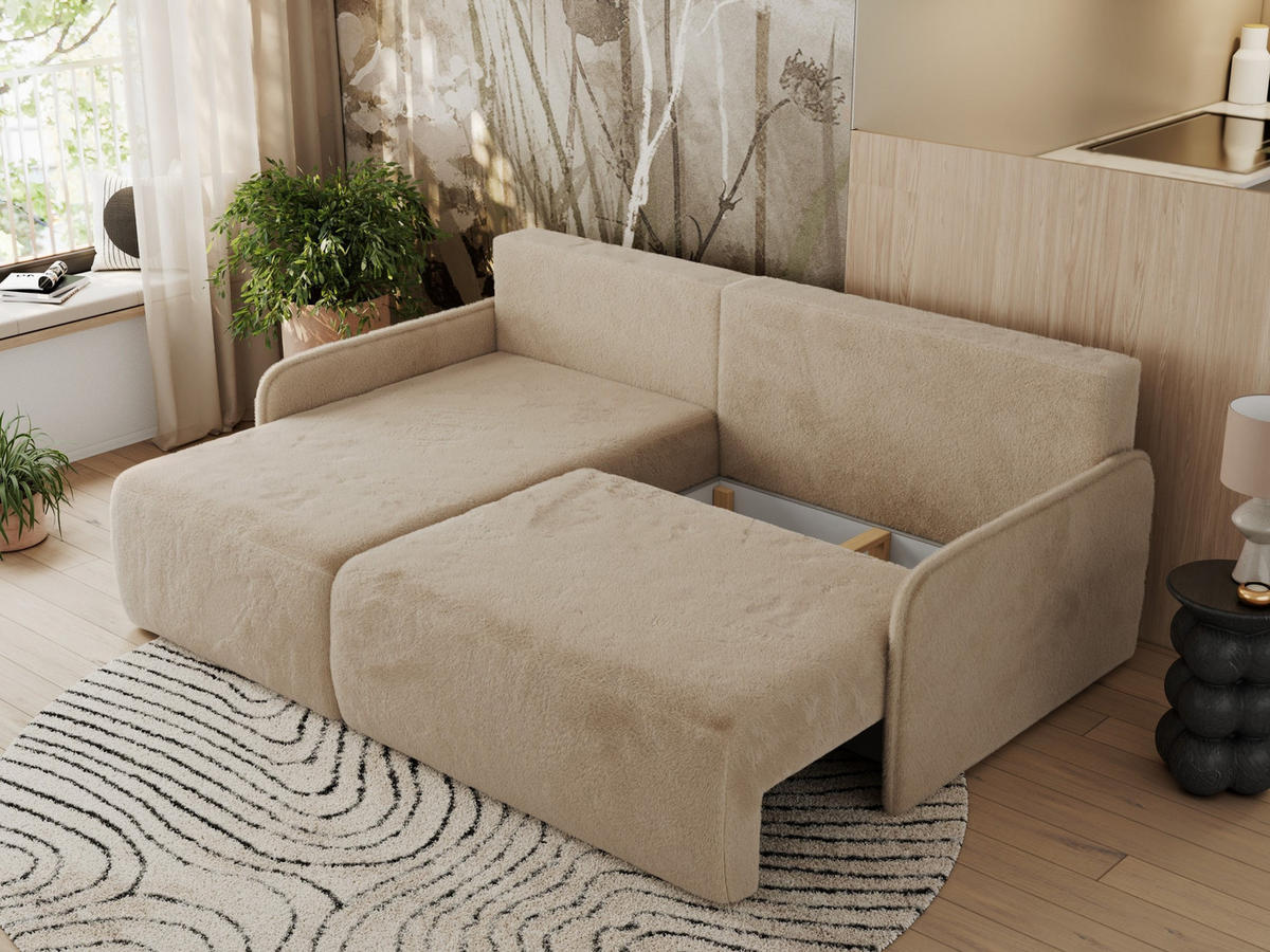 ECKSCHLAFSOFA ARPA L Beige Plüsch - links - Beige/Schwarz, Kunststoff/Textil (198/150cm) - MKS