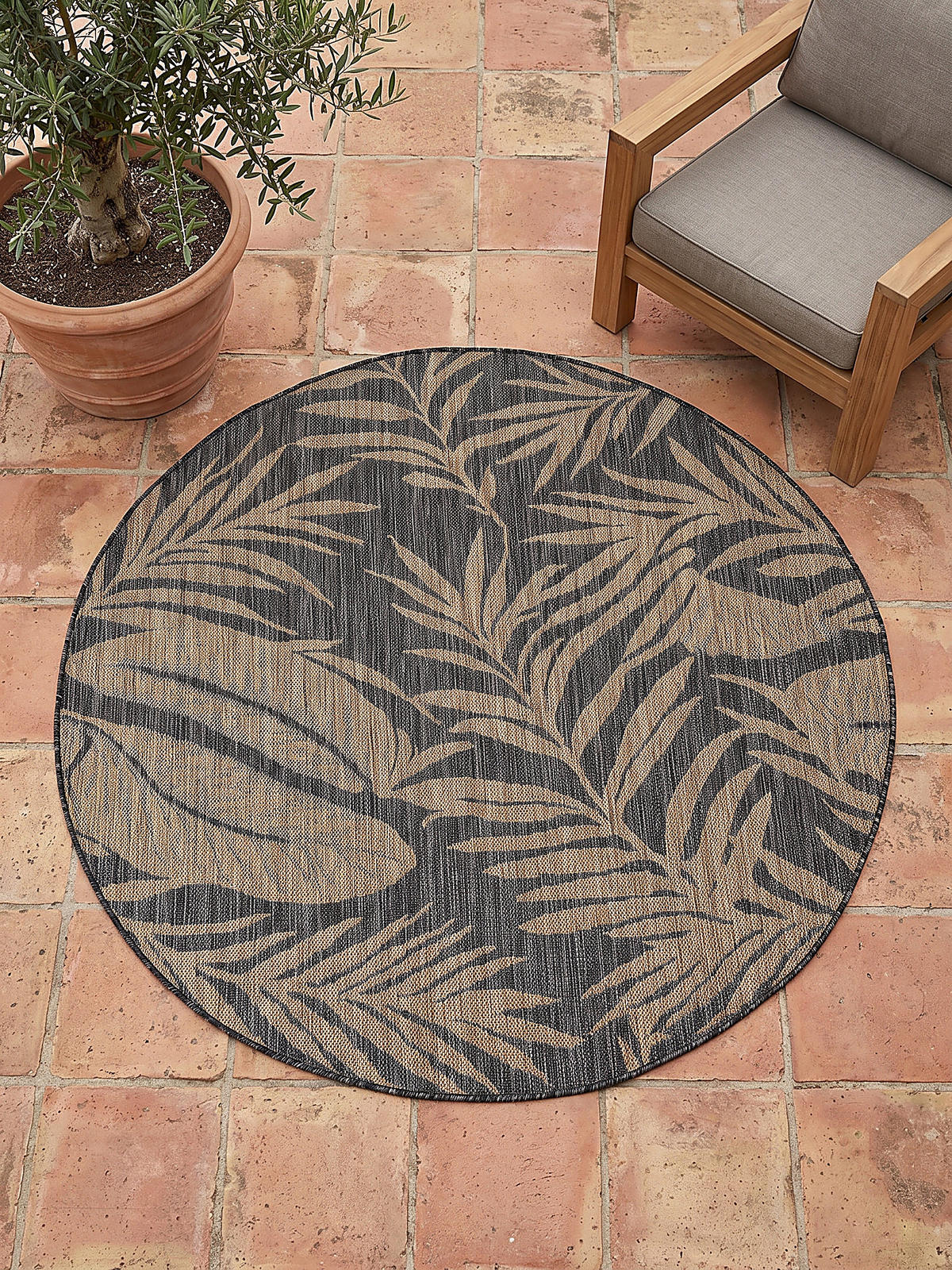TEPPICH Flachgewebe, Outdoor, Fußbodenheizung-geeignet, mit Blattmotiv, VIGOLENO in Schwarz-Beige, Ø 160 cm - Schwarz, Textil (160/160cm) - KADIMA DESIGN