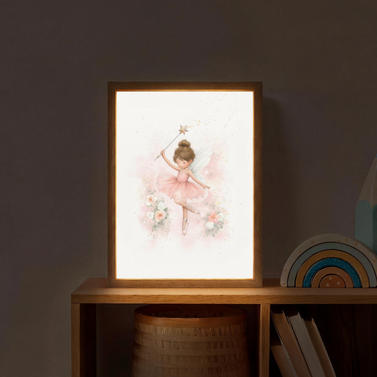 NÁSTĚNNÁ LAMPA S AKUMULÁTOREM Baletka - Víla - Květiny - Růžová 30x40 cm - růžová, kompozitní dřevo (30/40/8cm) - OnlyWow
