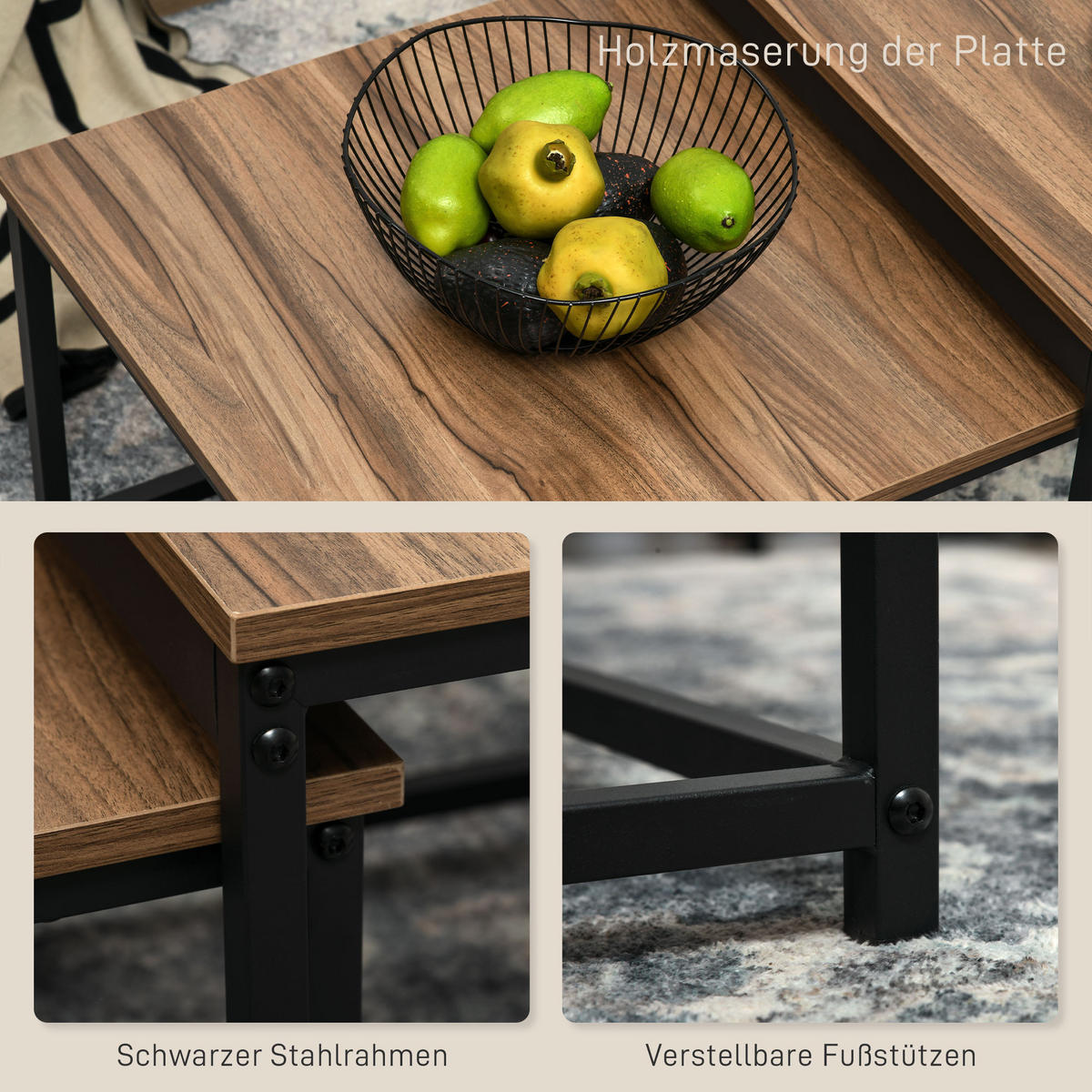 COUCHTISCH-SET eckig, Spanplatte, Naturholz - Naturfarben, Kunststoff (60/60/45cm) - HOMCOM