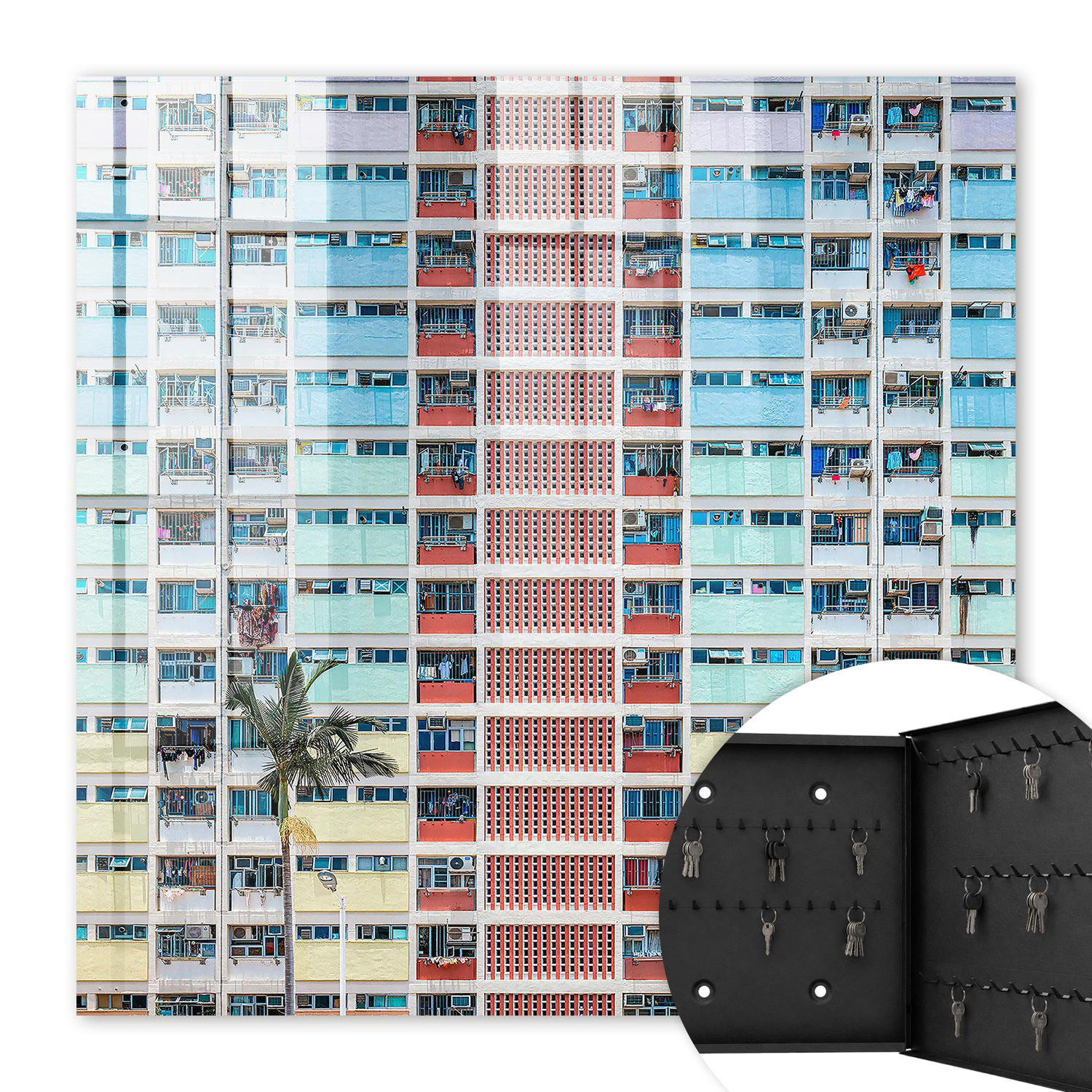 SCHLÜSSELBOX Schwarz 30x30 cm- Türöffnung nach rechts - Farbenfrohe Architektur - Rot, Metall (30/30/5cm) - TULUP