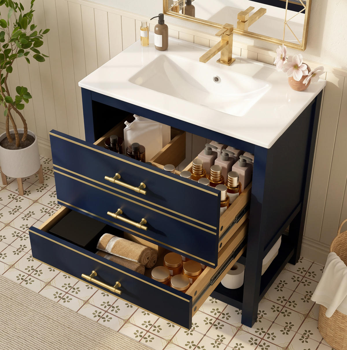 WASCHTISCHUNTERSCHRANK mit Keramikbecken 66x46.5x86cm Schwarz & blau mit Gold-Akzenten - Blau, Holzwerkstoff (76/86/46.5cm) - Modfu